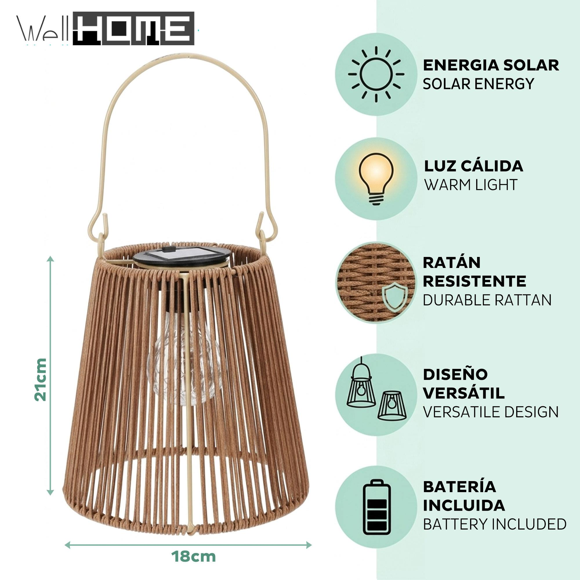 Linterna de ratán marrón con asa y panel solar. Dimensiones 21x18cm.