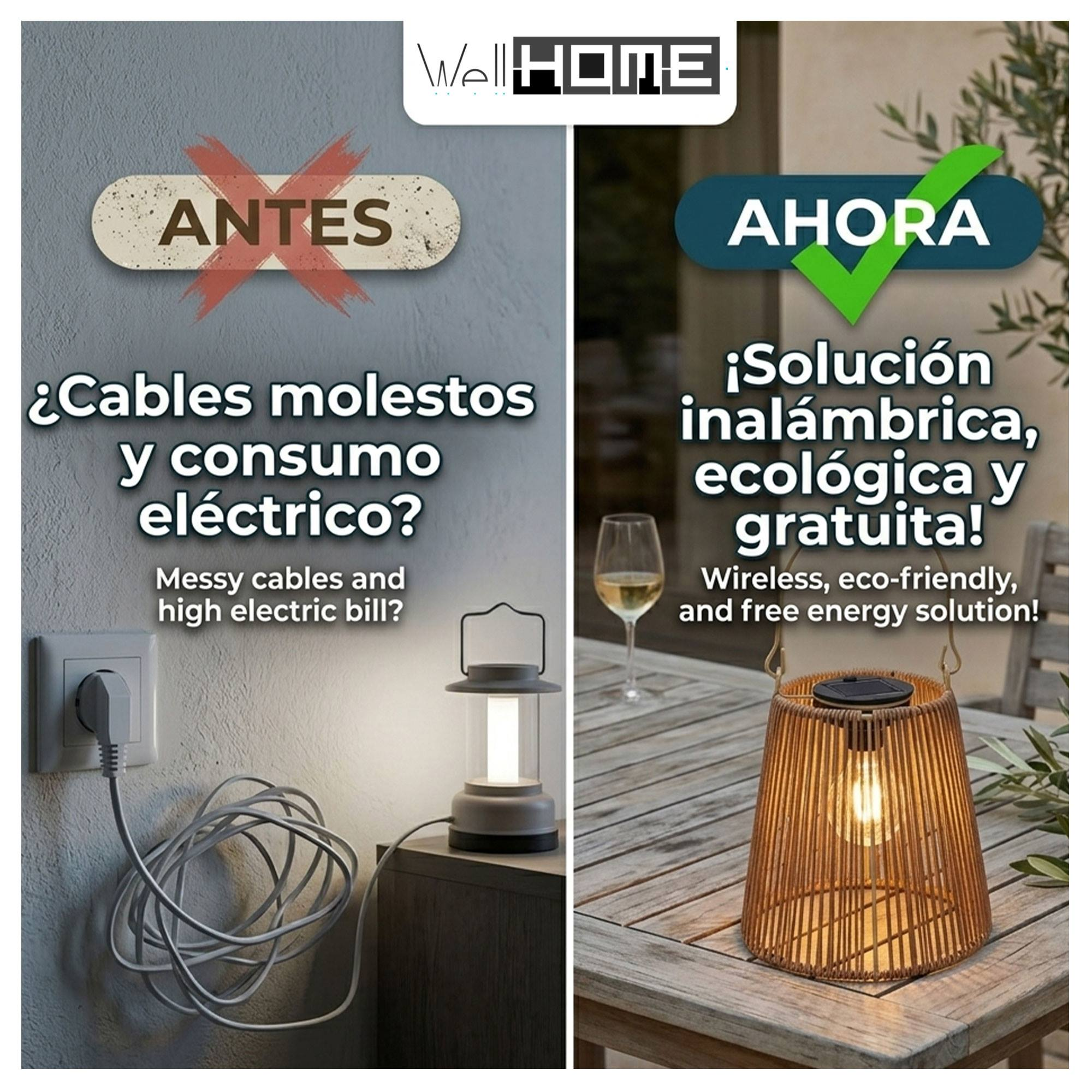 Comparación: cables desordenados vs. lámpara solar inalámbrica. Antes: enchufe con cables. Después: lámpara mesa.