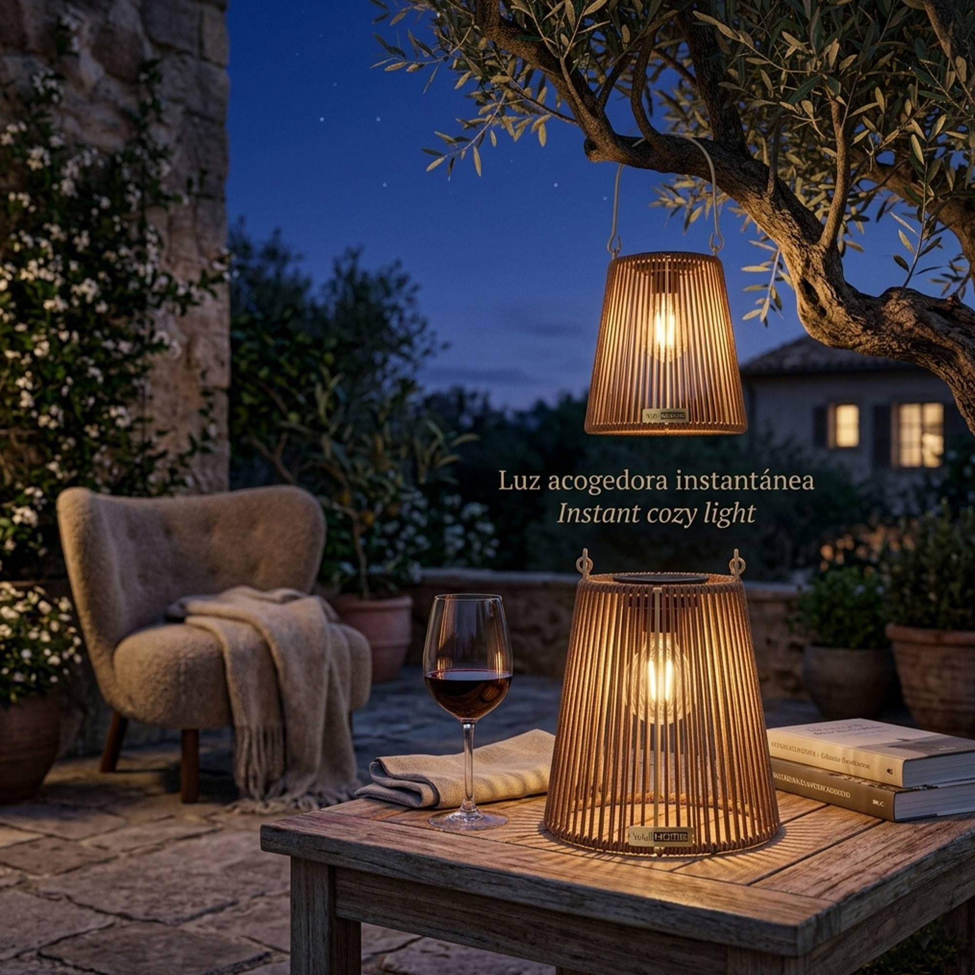 Dos farolas iluminan una mesa con copa de vino y libros al aire libre por la noche.