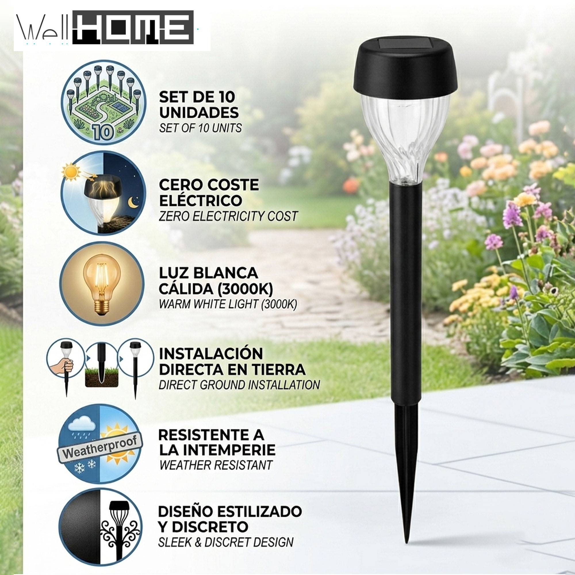 Luz solar de estaca, resistente a la intemperie, sin coste eléctrico, luz cálida.