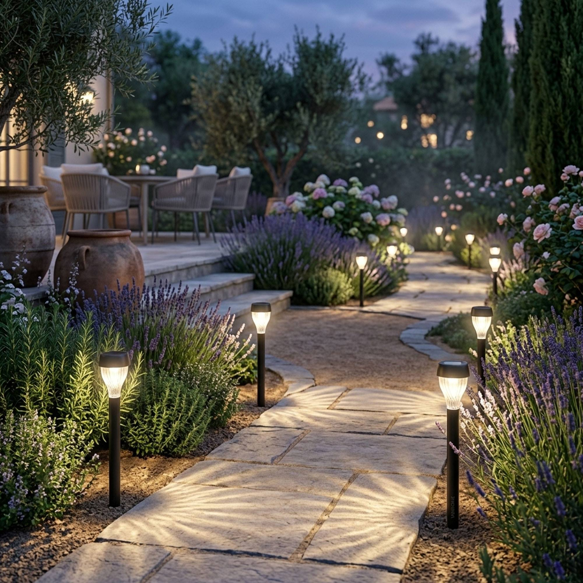 Camino de jardín iluminado con piedras, lavanda y rosas al anochecer.