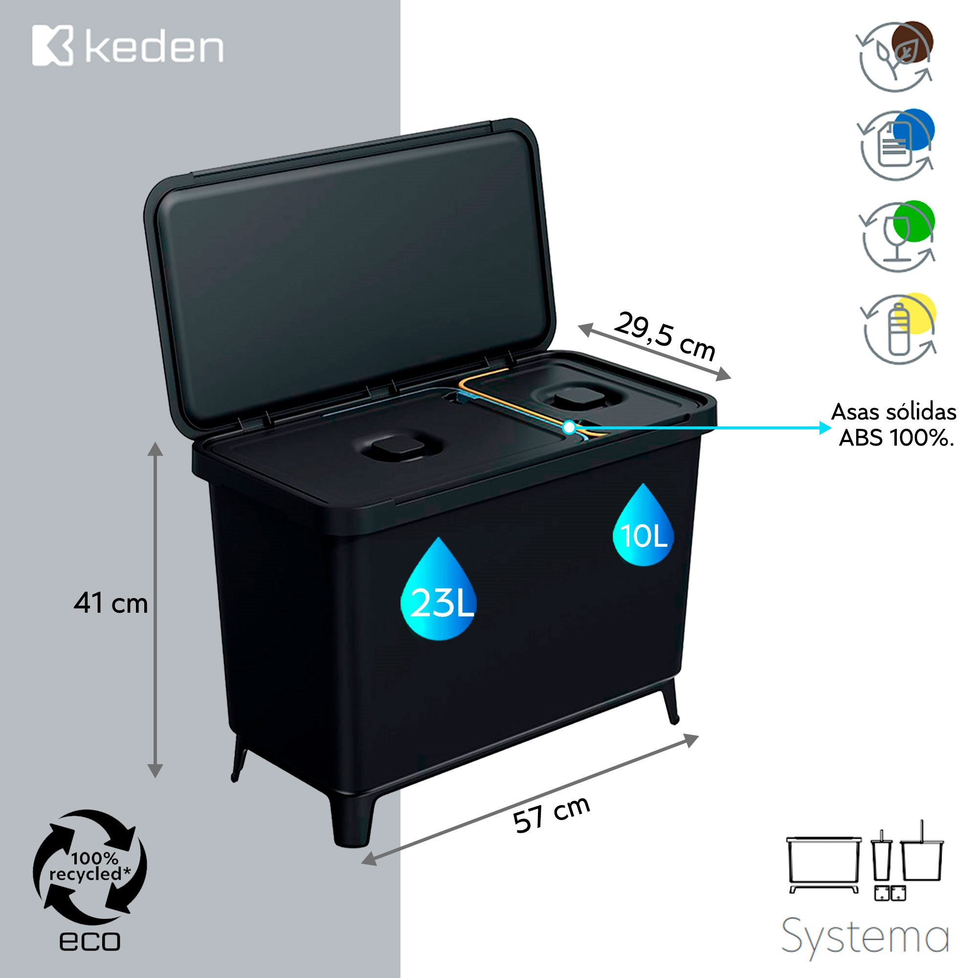 Papelera negra con dos compartimentos, 41x57x29,5 cm, capacidad 23L y 10L.