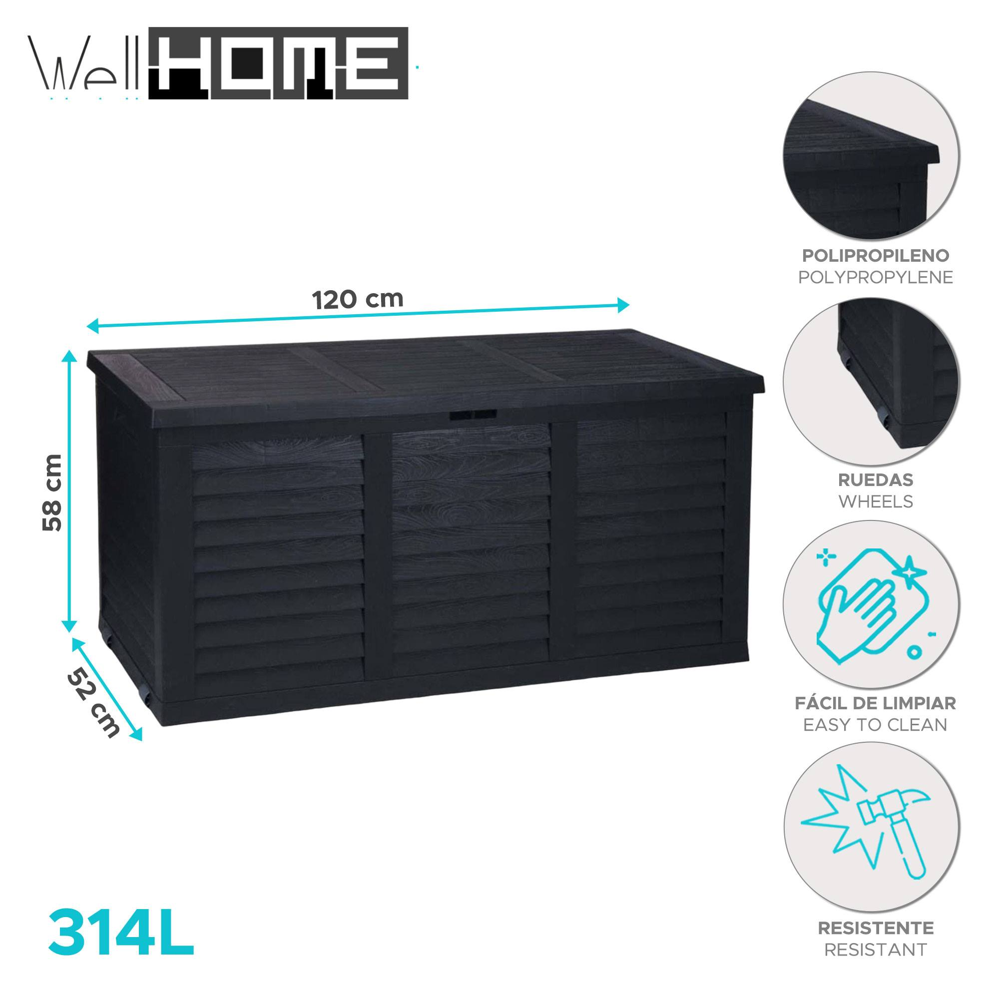 Caja de almacenamiento negra de polipropileno, 120x58x52cm, con ruedas.