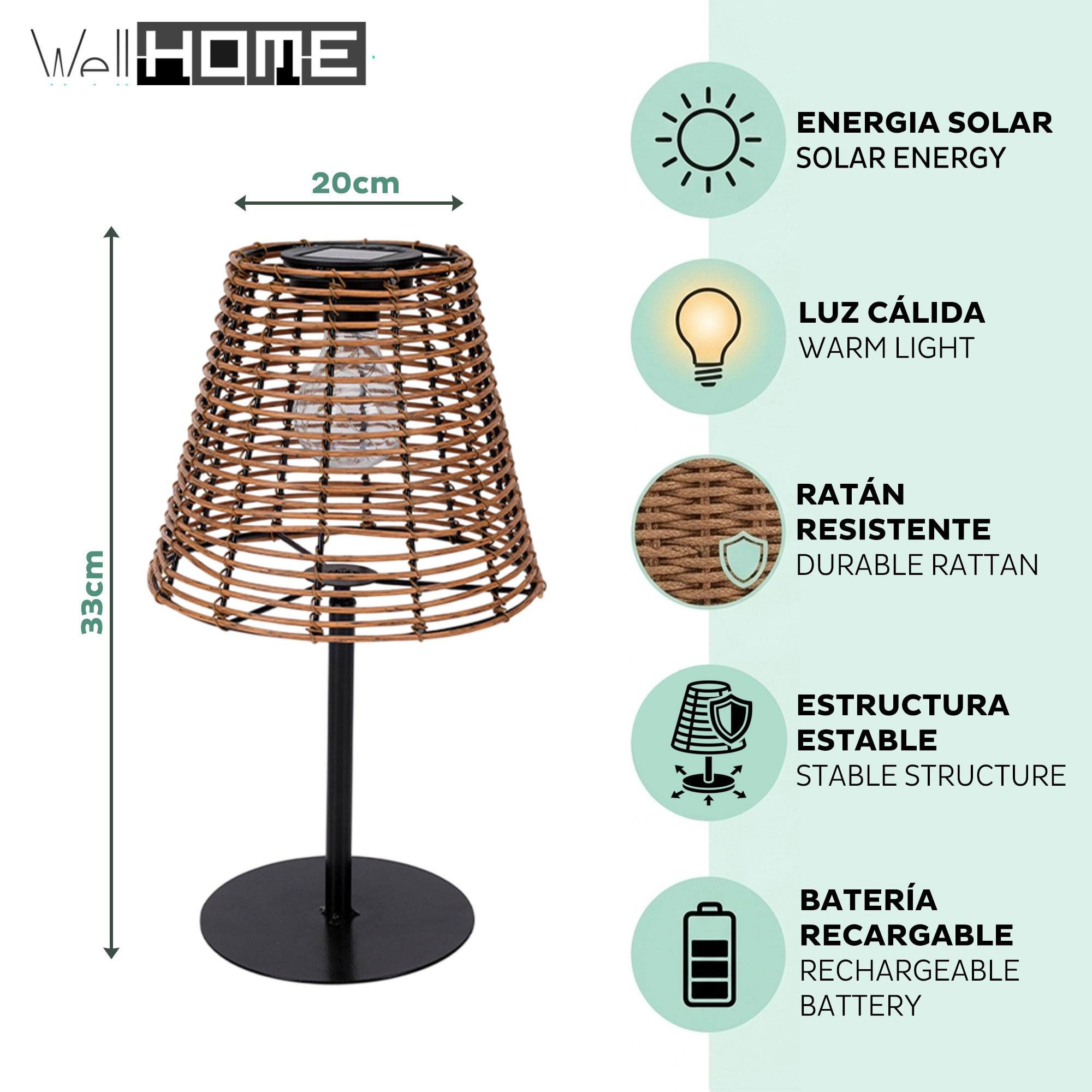 Lámpara de ratán marrón con base negra, a energía solar, luz cálida.