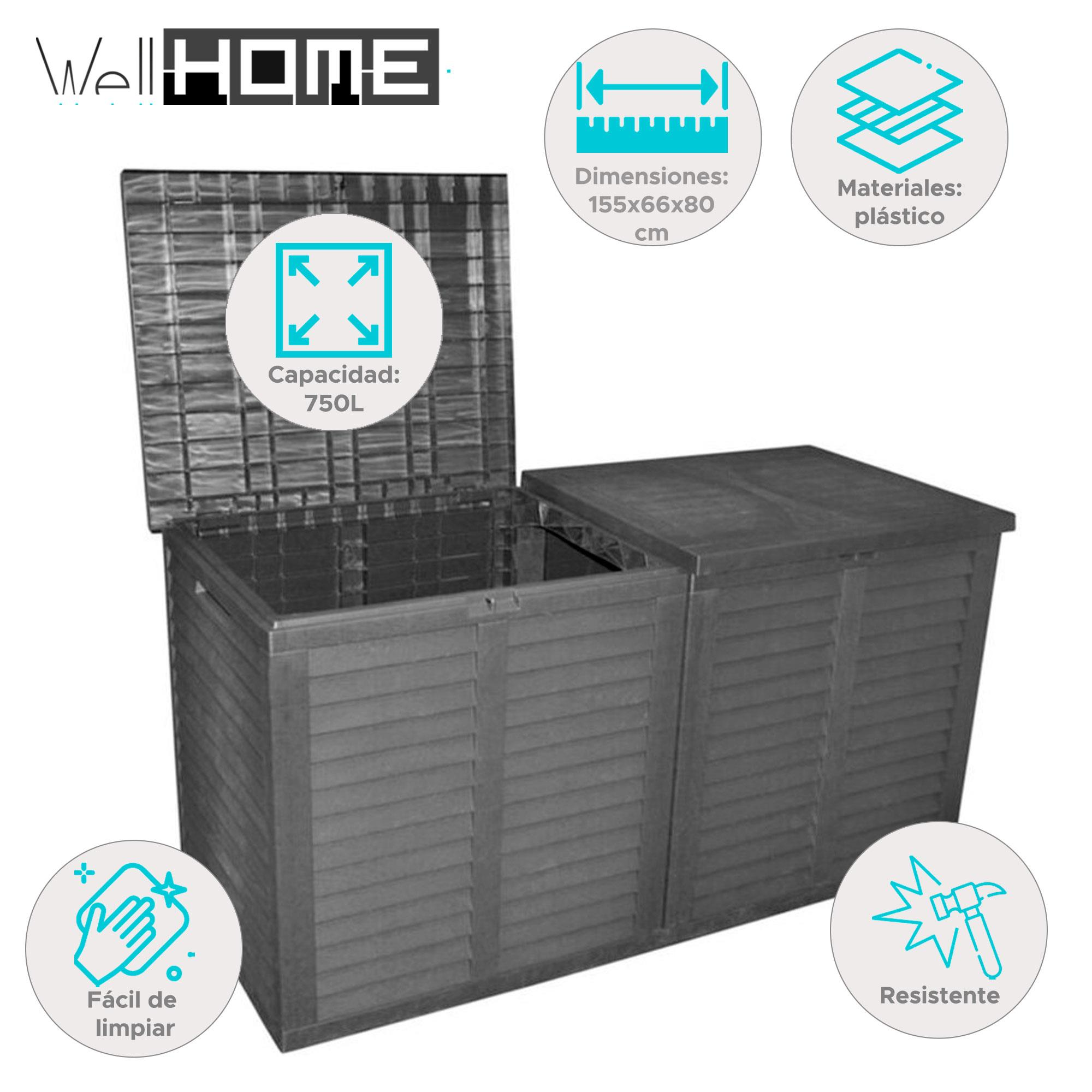 Caja de almacenamiento de plástico gris con tapa abierta, capacidad 750L.