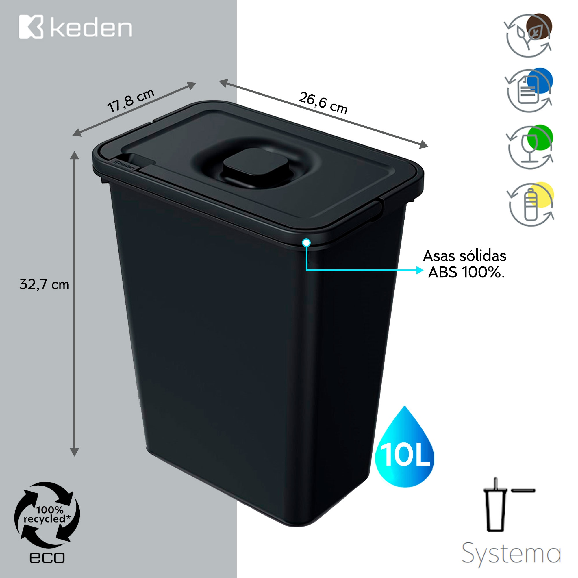 Papelera negra de 10L con tapa, medidas 32,7x17,8x26,6 cm. 100% reciclada.
