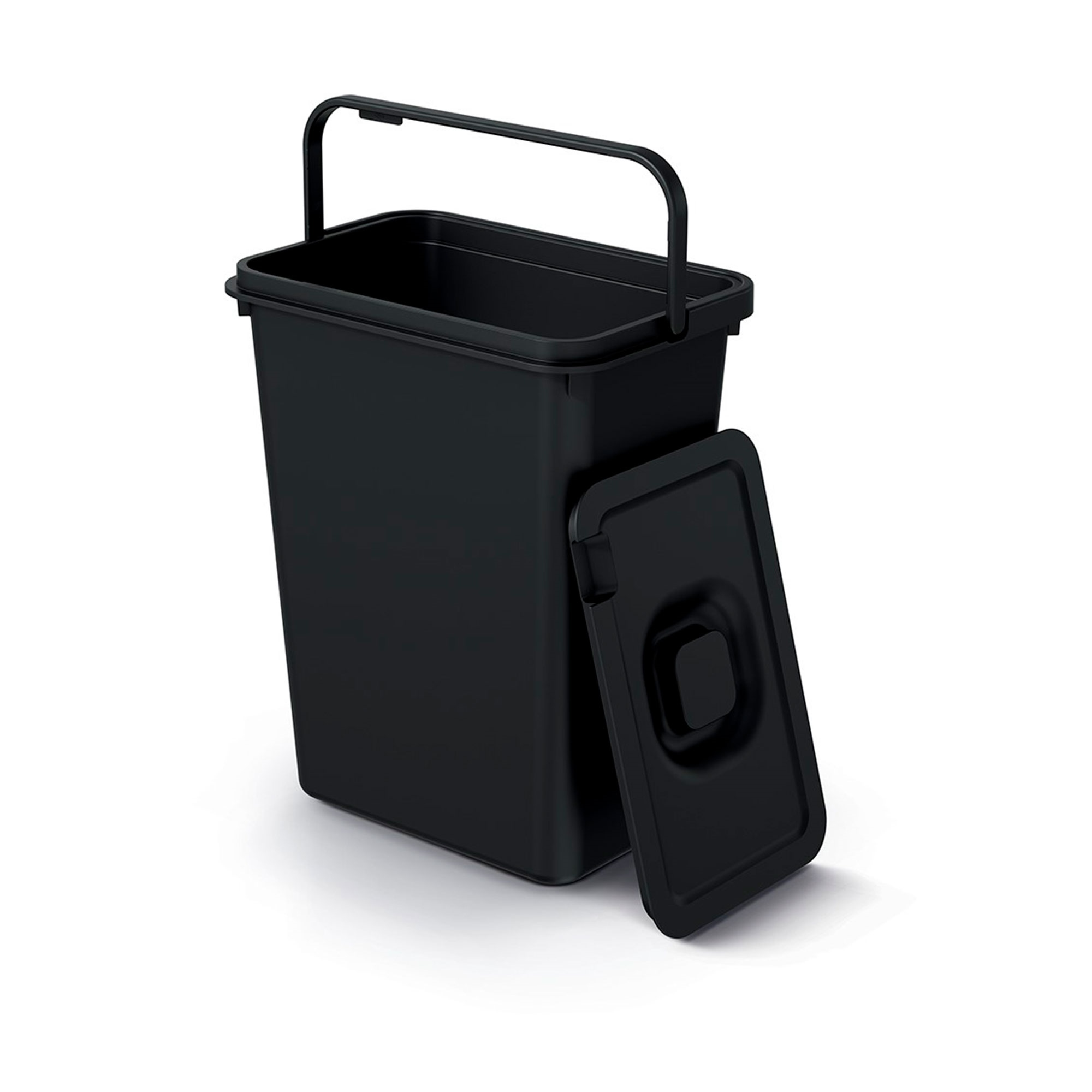 Cubo de basura negro con asa y tapa separada sobre fondo blanco.