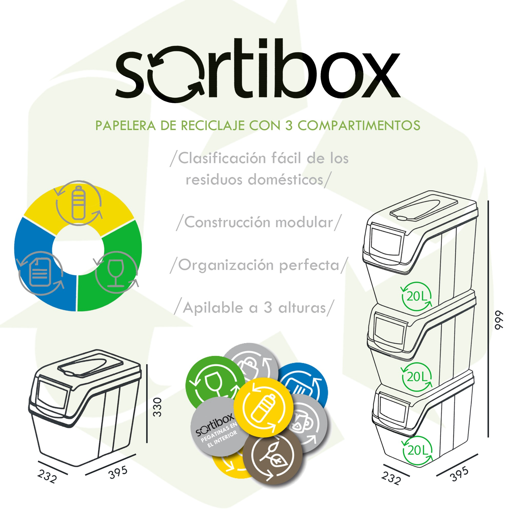 Papelera de reciclaje Sortibox de 3 compartimentos, con medidas.