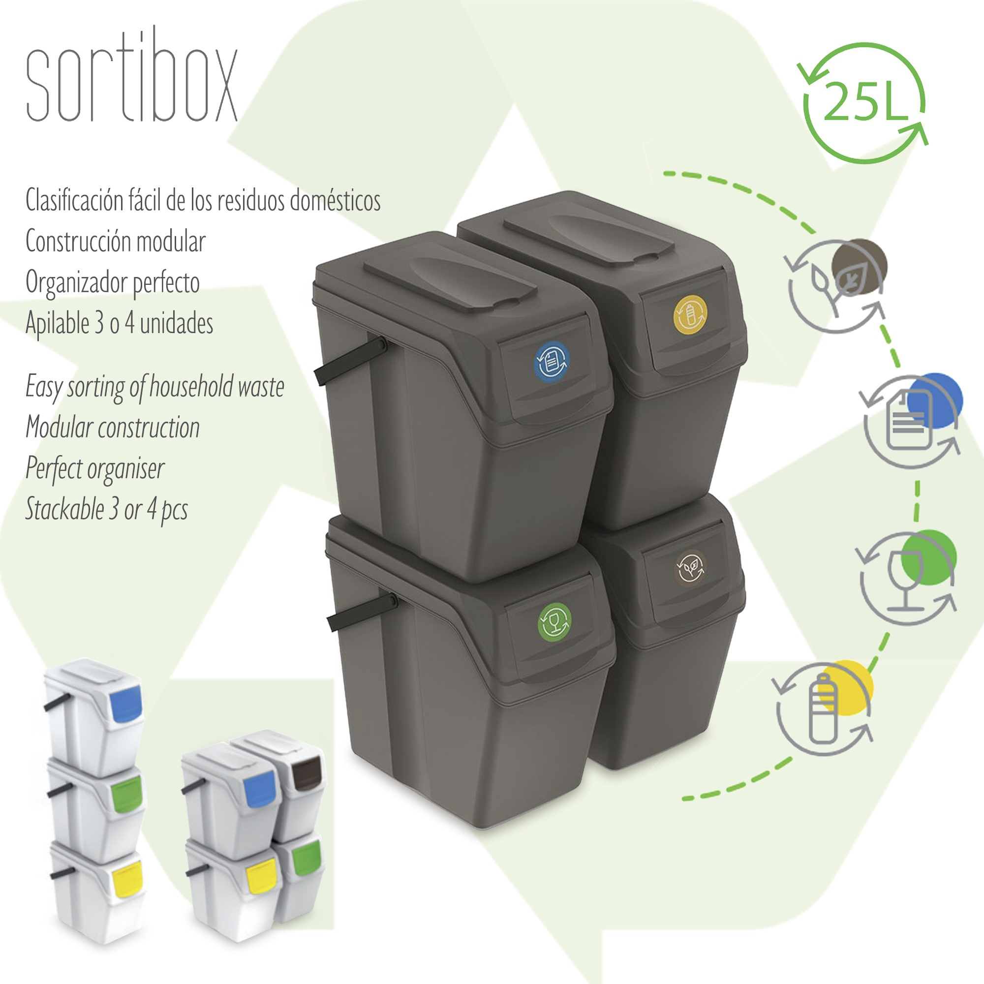 Sortibox: Contenedores grises oscuros, apilables, con símbolos de reciclaje.