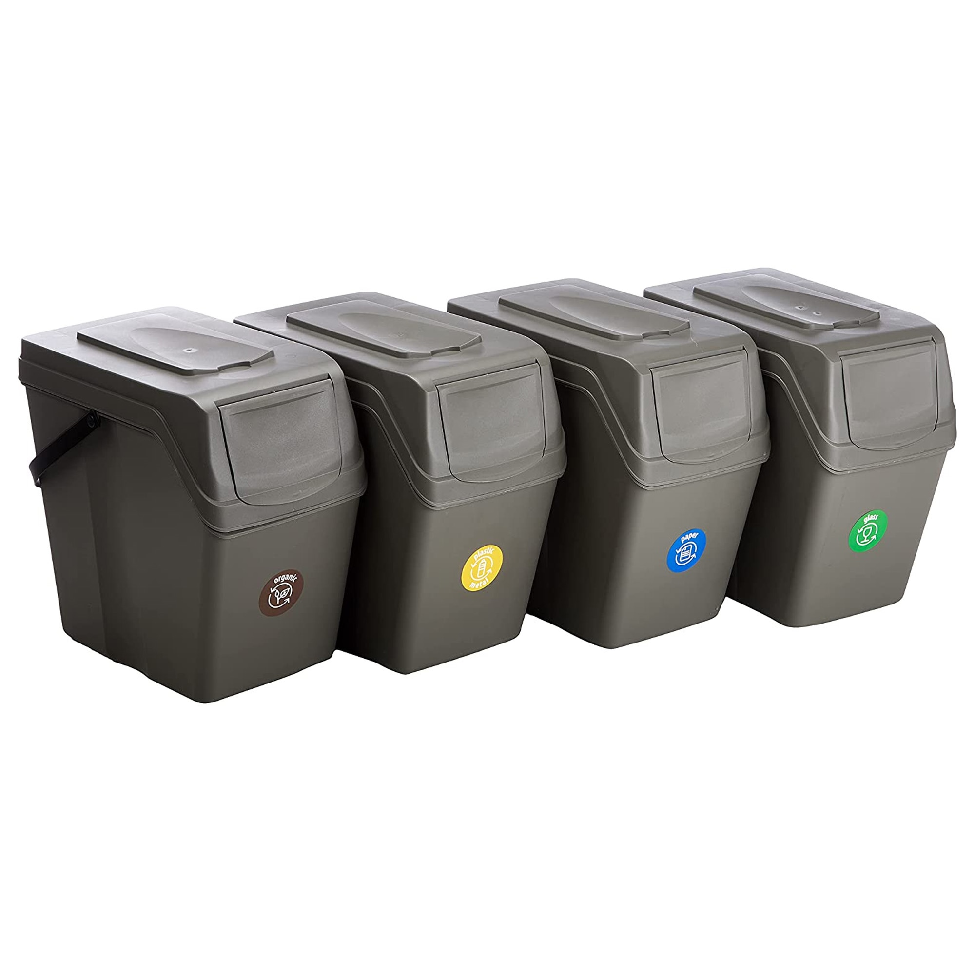 Cuatro cubos de reciclaje grises con símbolos diferentes uno al lado del otro.