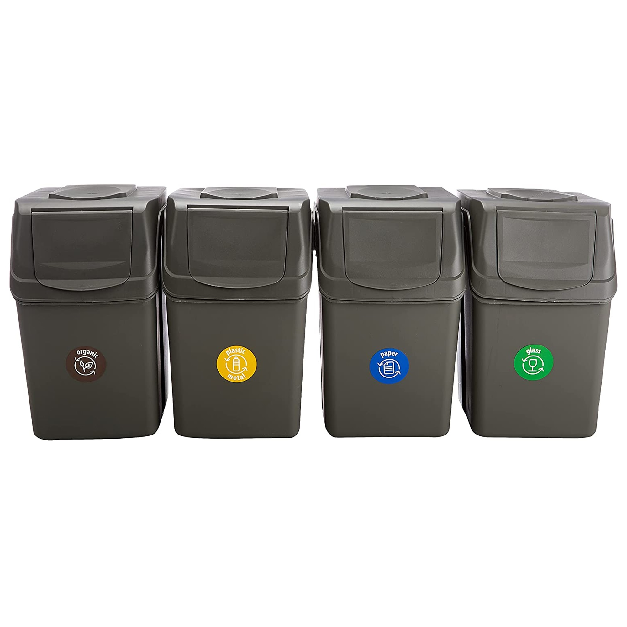Cuatro cubos grises con símbolos de reciclaje: orgánico, plástico/metal, papel, vidrio.