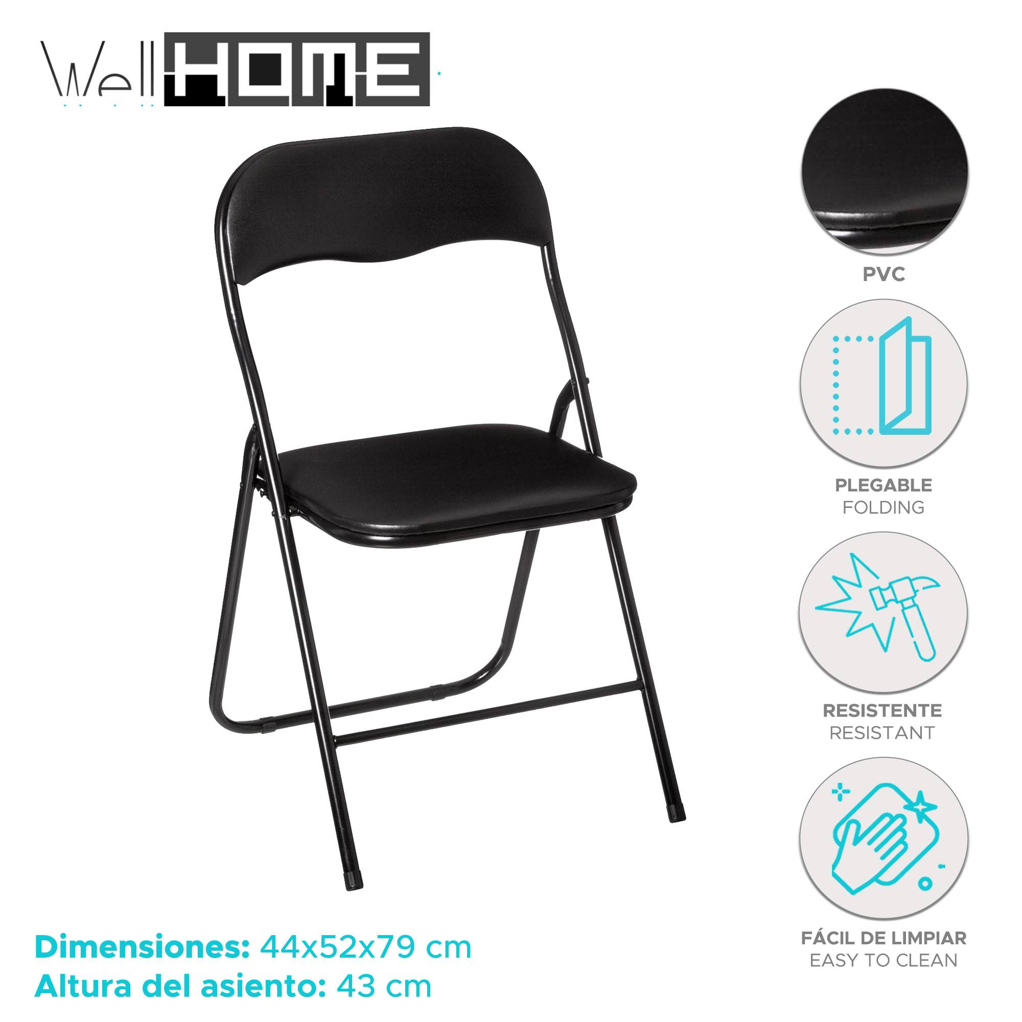 Silla plegable negra de PVC con estructura metálica. Medidas 44x52x79 cm.