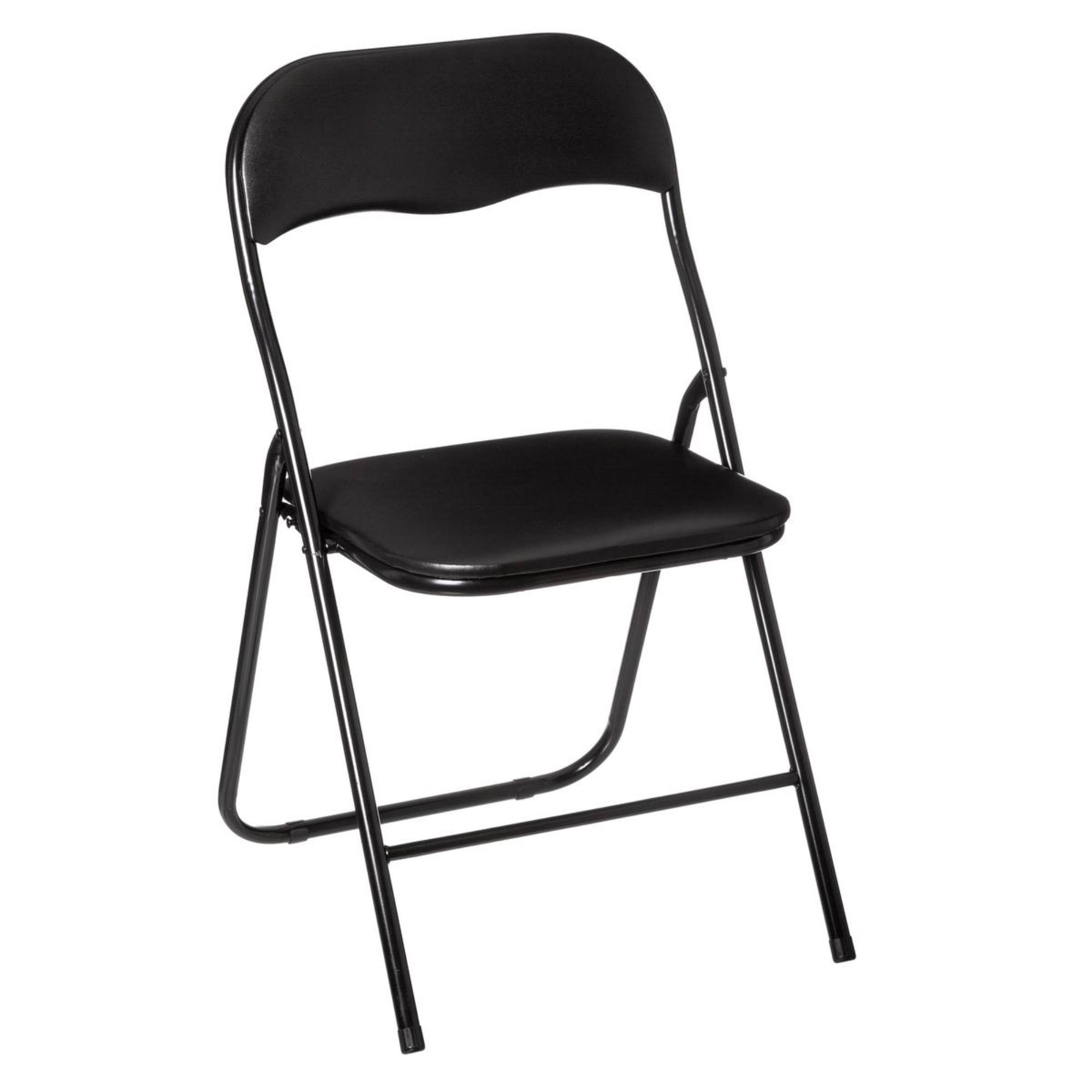 Una silla plegable negra con marco de metal y asiento y respaldo acolchados.