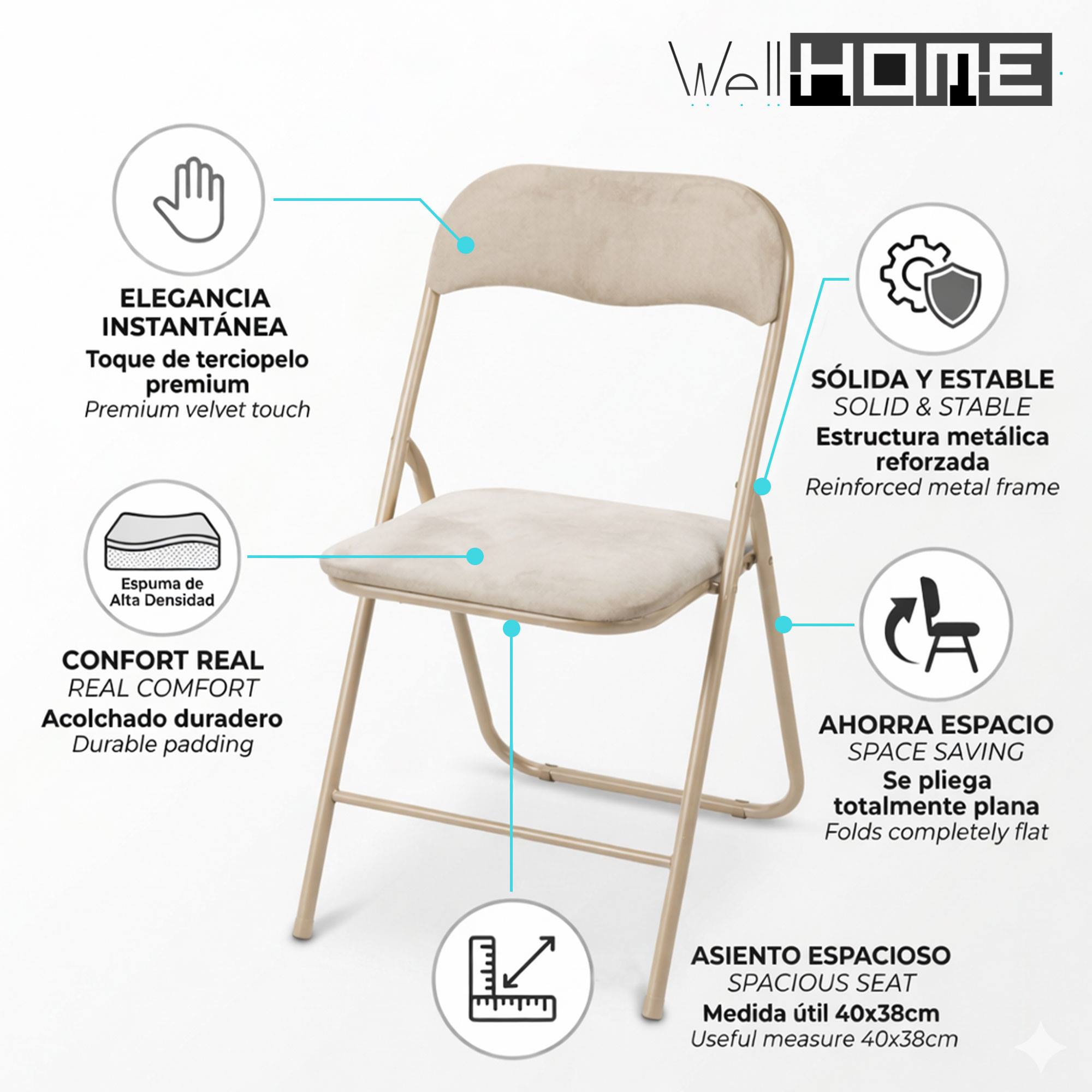 Una silla plegable beige con acolchado suave y estructura metálica, con atributos resaltados.