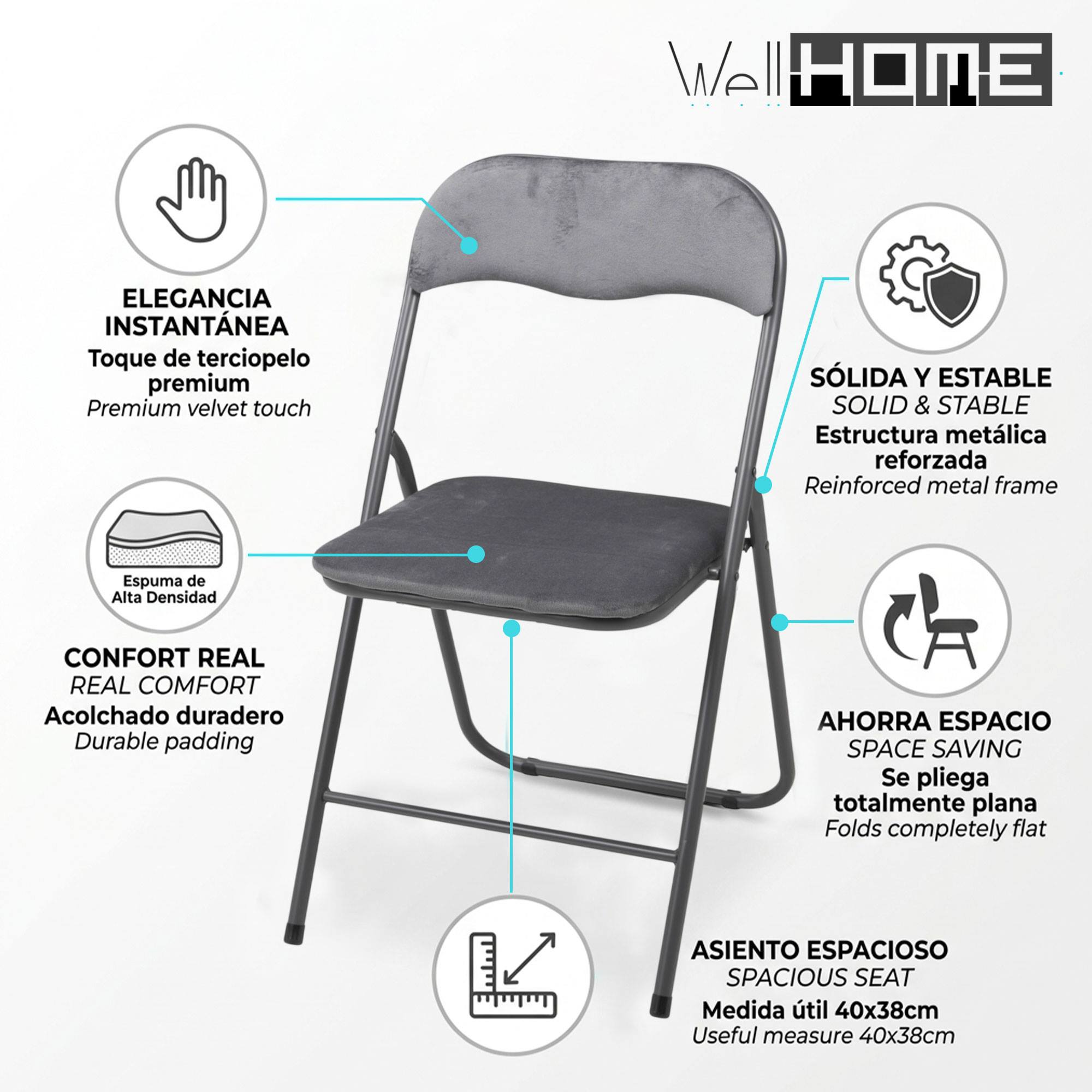 Una silla plegable tapizada gris con marco de metal que ahorra espacio.