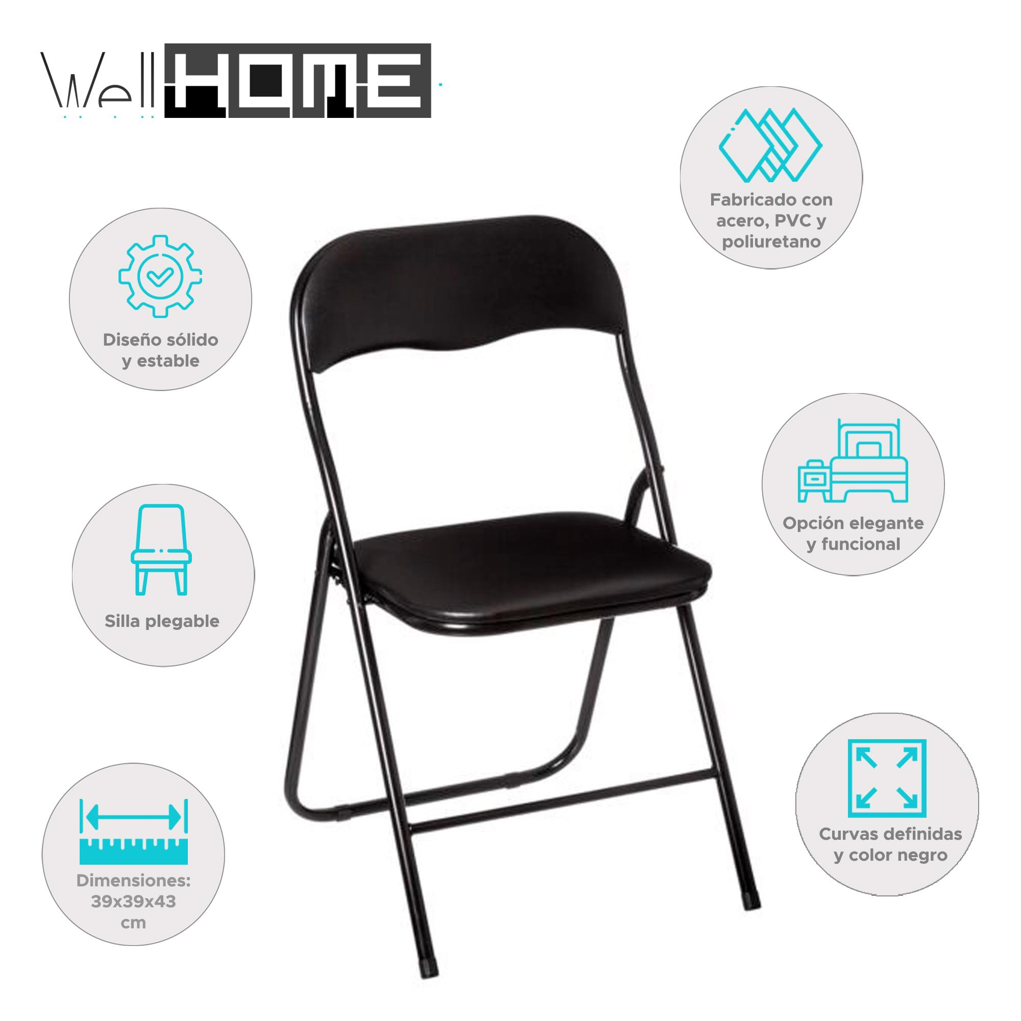 Silla plegable negra con marco de acero y asiento acolchado. Dimensiones 39x39x43 cm.