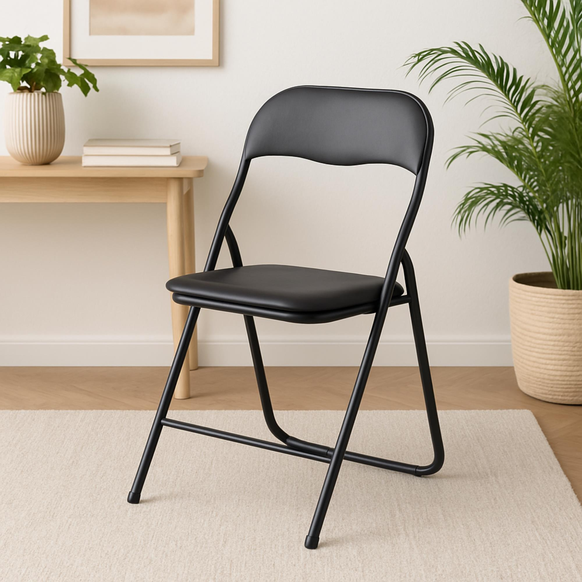 Una silla plegable negra sobre una alfombra clara junto a una mesa de madera.