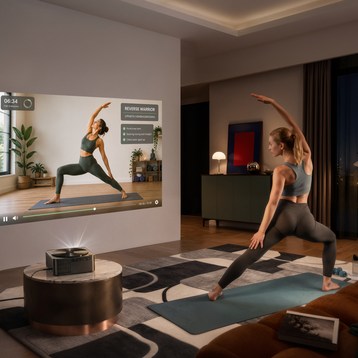 Frau macht Yoga zu Hause vor einem Projektor, der eine Anleitung zeigt.
