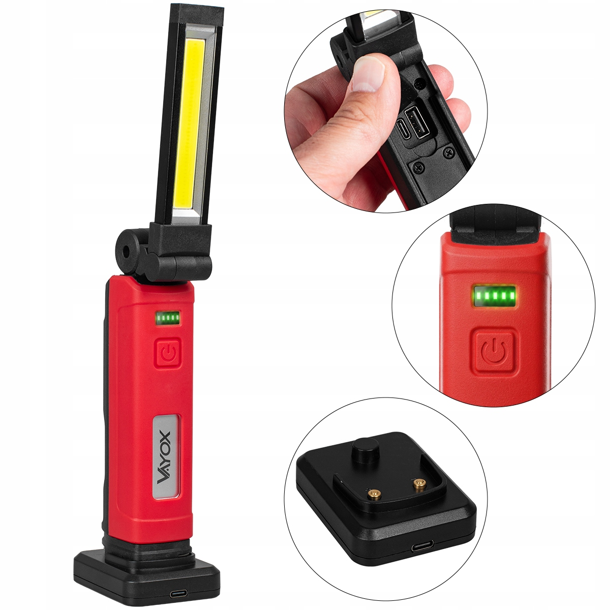 Czerwona lampa robocza z regulowanym panelem LED i bazą ładującą. Pokazuje porty USB i wskaźnik baterii.