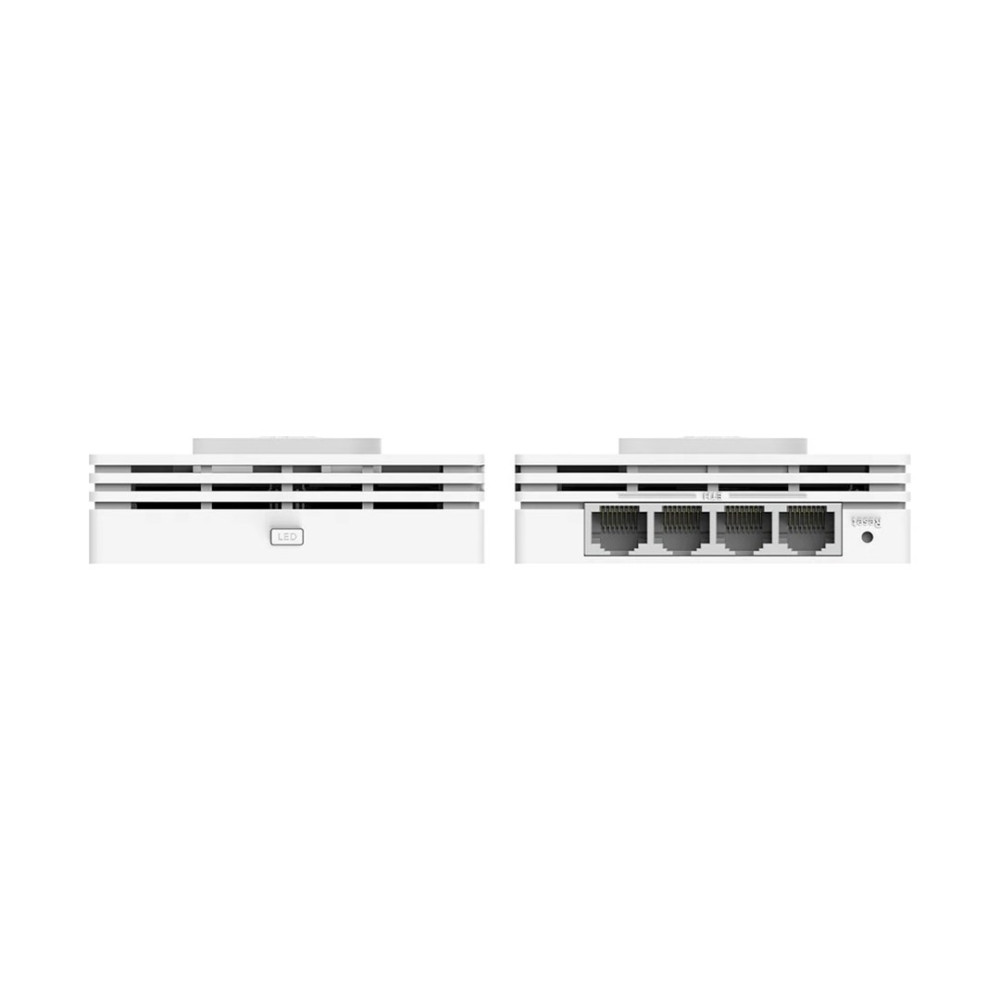 Biały router z diodą LED z przodu, 4 portami Ethernet i przyciskiem reset z tyłu.