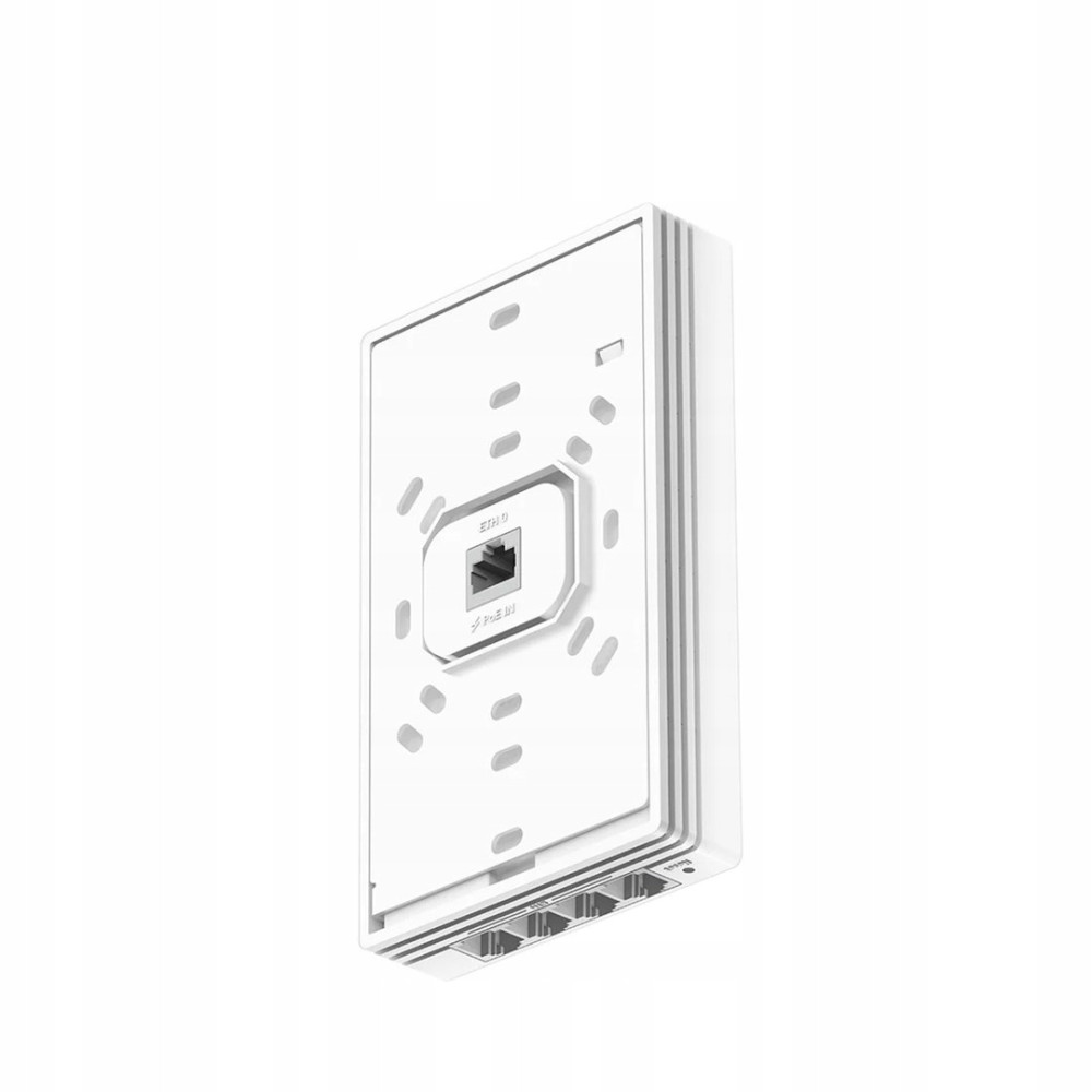 Białe prostokątne urządzenie z portami Ethernet i oznaczeniami 'ETH 0' i 'PoE IN'.