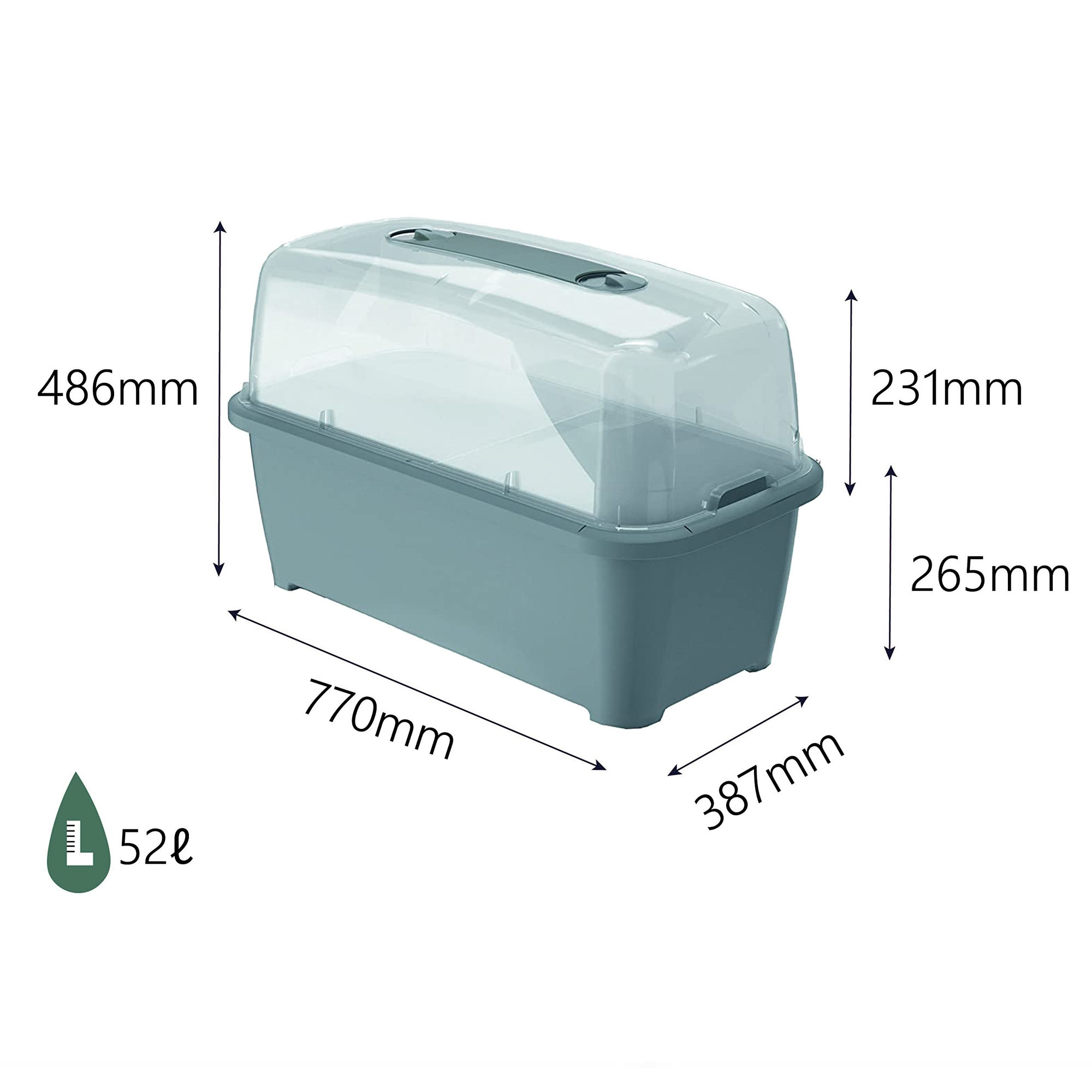 Contenedor de plástico gris con tapa transparente, se muestran dimensiones.