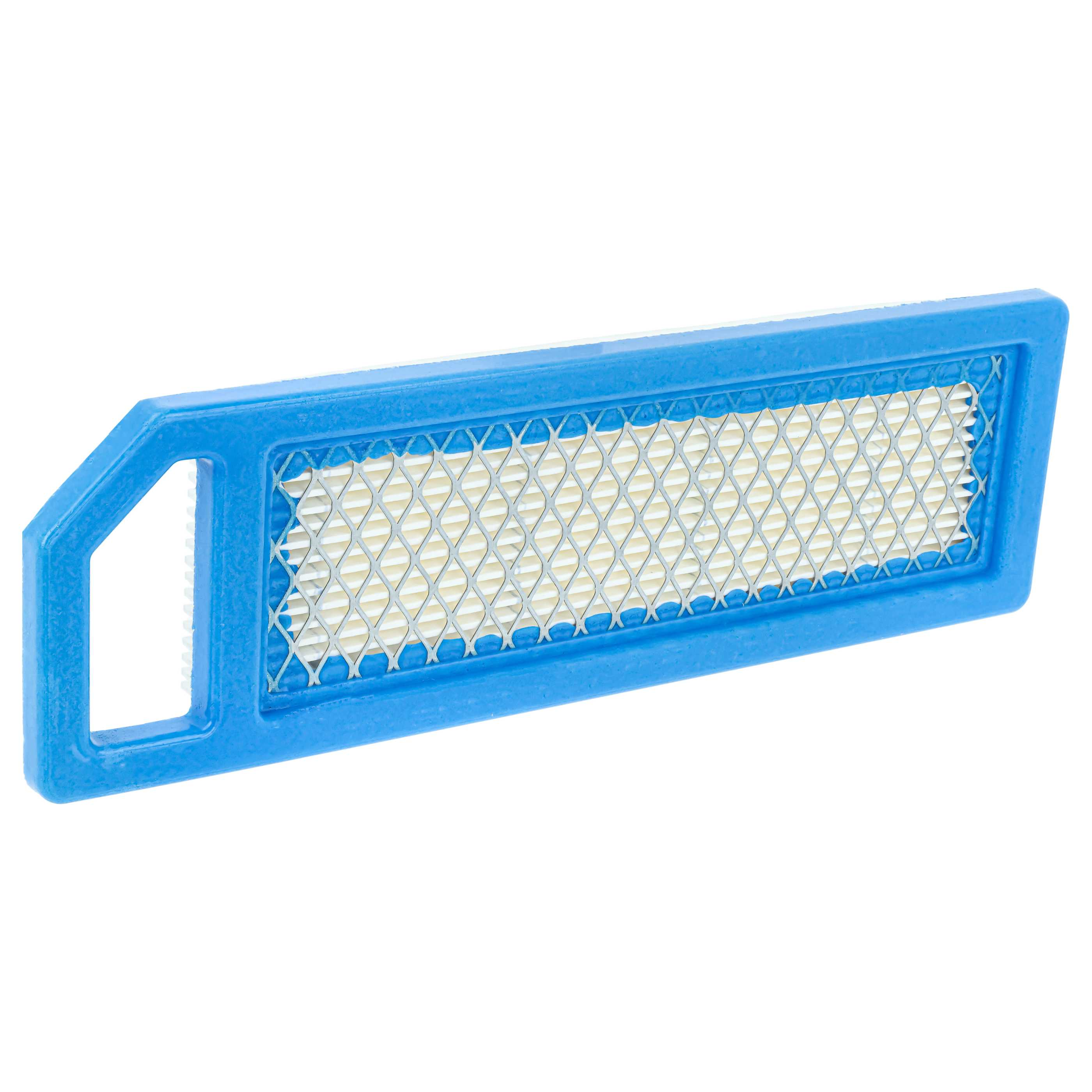 Ein rechteckiger blauer Luftfilter mit Metallgitter und weißem Filterpapier.