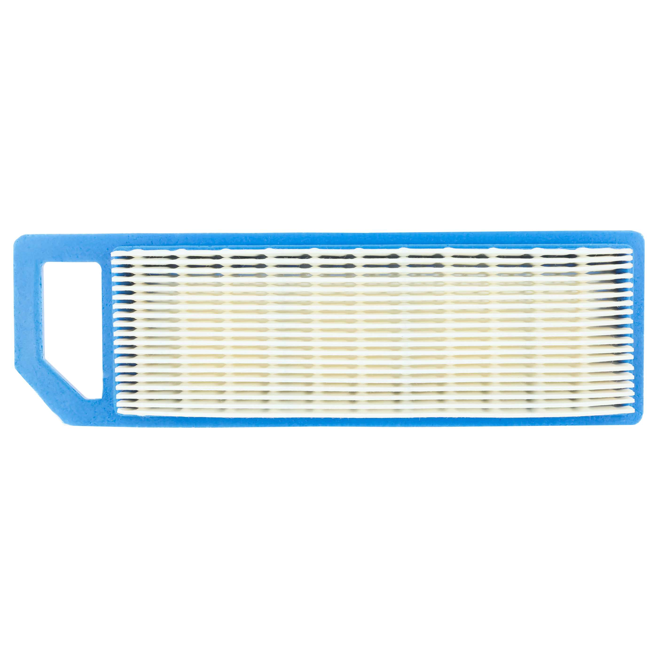 Ein blauer Luftfilter mit weißen Falten auf weißem Hintergrund.