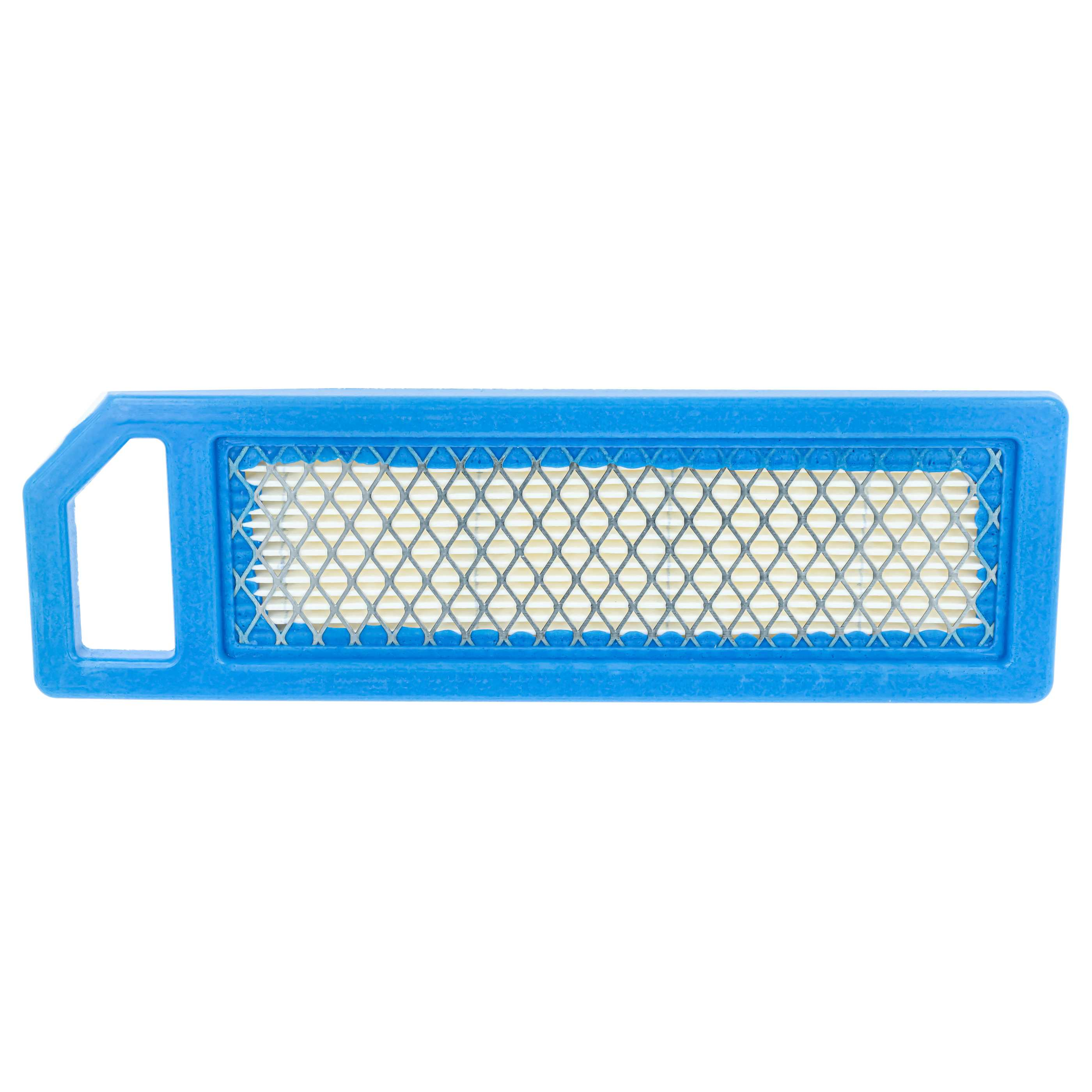 Ein rechteckiger blauer Luftfilter mit einem Metallgitter und weißem Filterpapier.