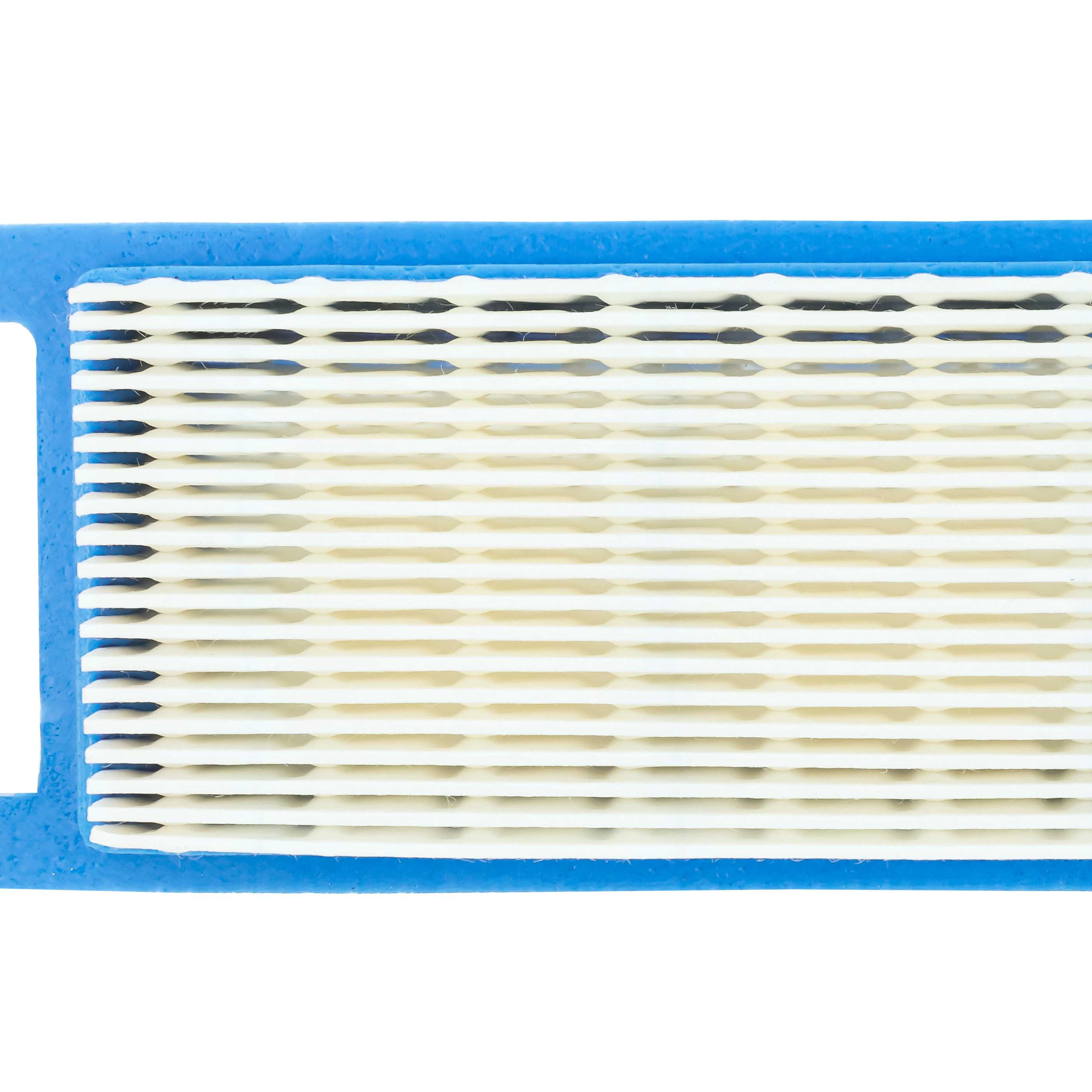 Ein blauer Rahmen umgibt ein weißes, gefaltetes Filterelement mit dunklen Streifen.