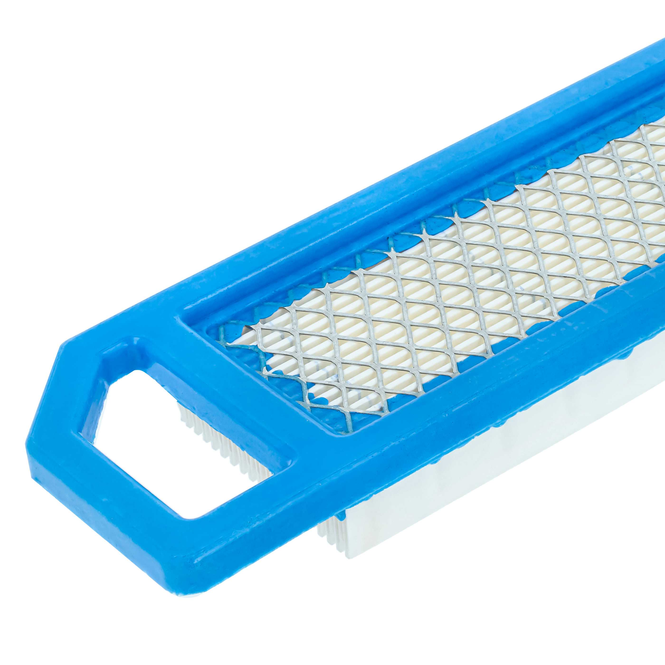 Ein blauer rechteckiger Luftfilter mit einem silbernen Gitter und weißem Filtermedium.