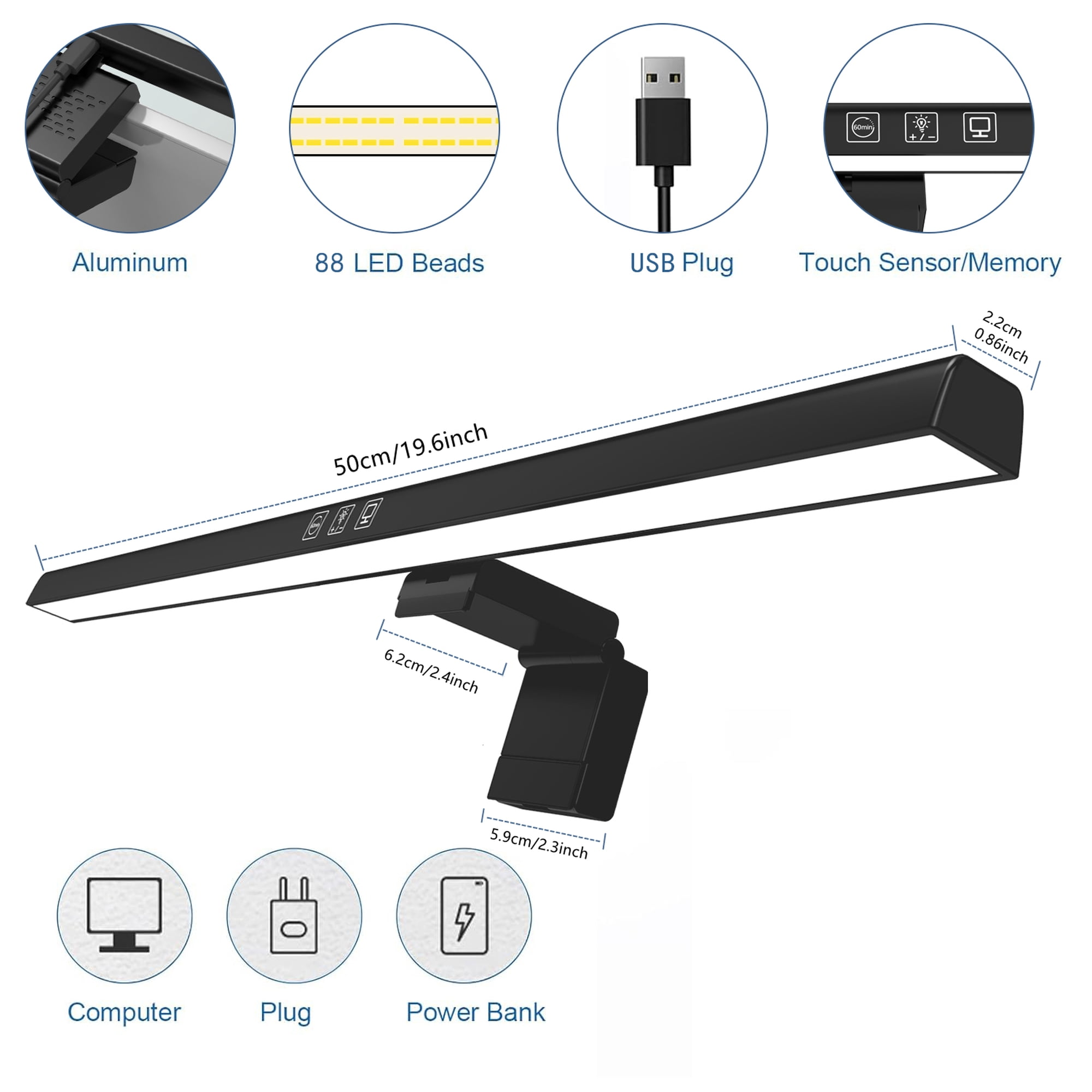 Schwarze Schreibtischlampe mit USB-Anschluss, 88 LEDs, 50cm lang.