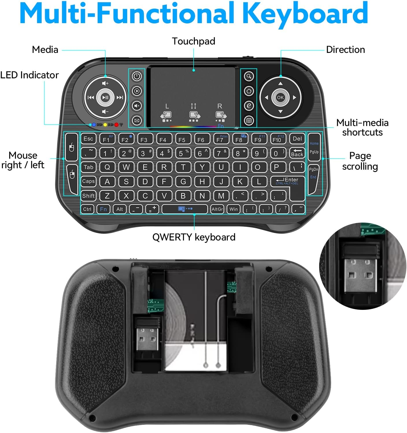 Oberansicht einer schwarzen Multifunktionstastatur mit QWERTZ-Layout, Touchpad und Mediensteuerung.