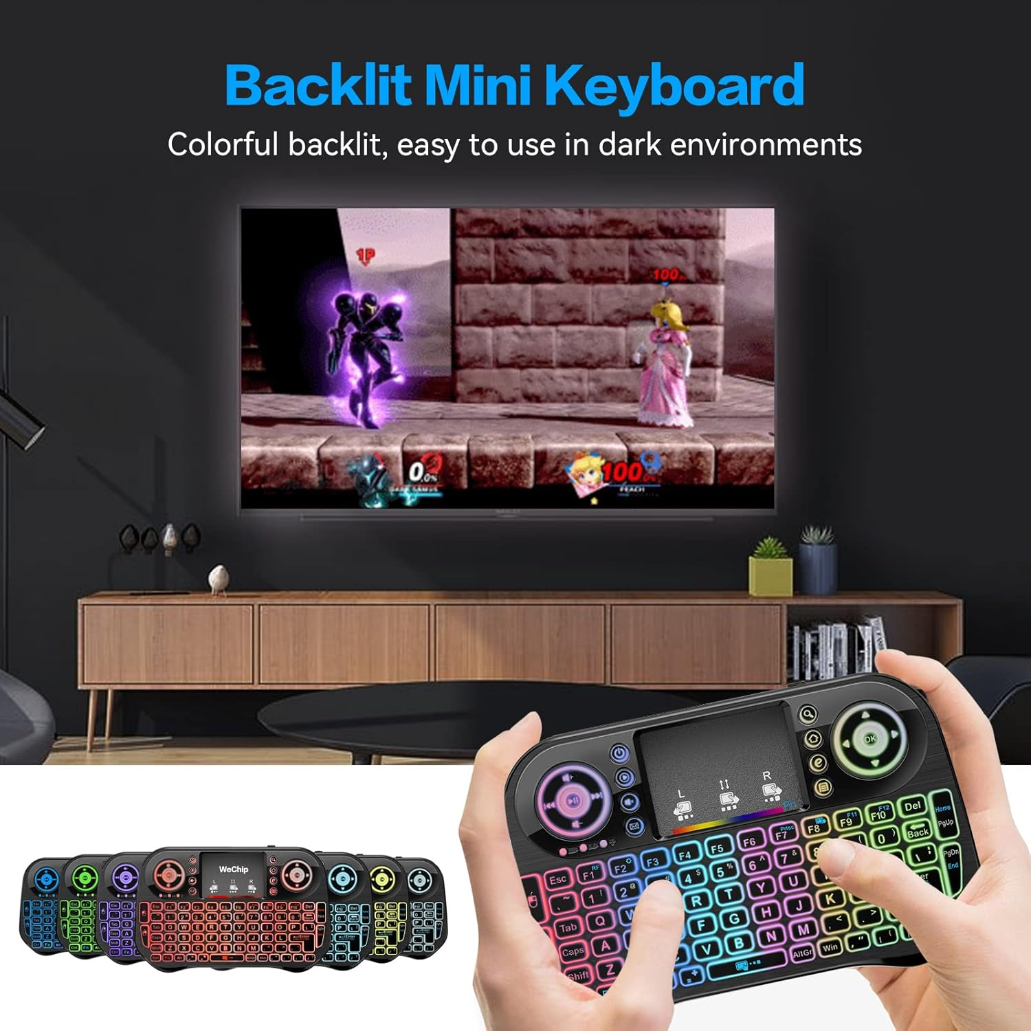 Eine Mini-Tastatur mit Hintergrundbeleuchtung wird gezeigt, im Hintergrund ein Fernsehbildschirm mit einem Videospiel.