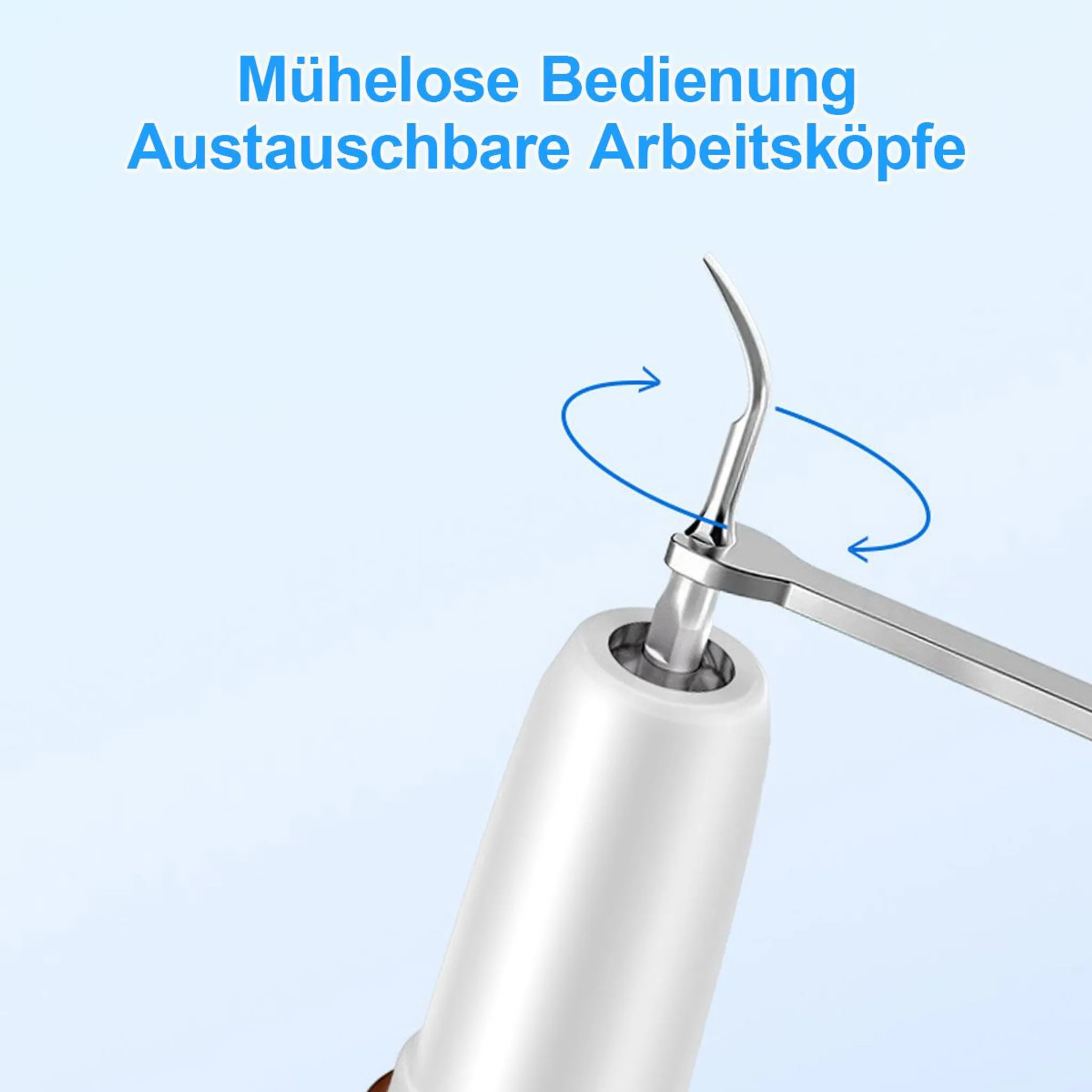Ein weißes Gerät mit austauschbarem Metallaufsatz, der sich dreht.