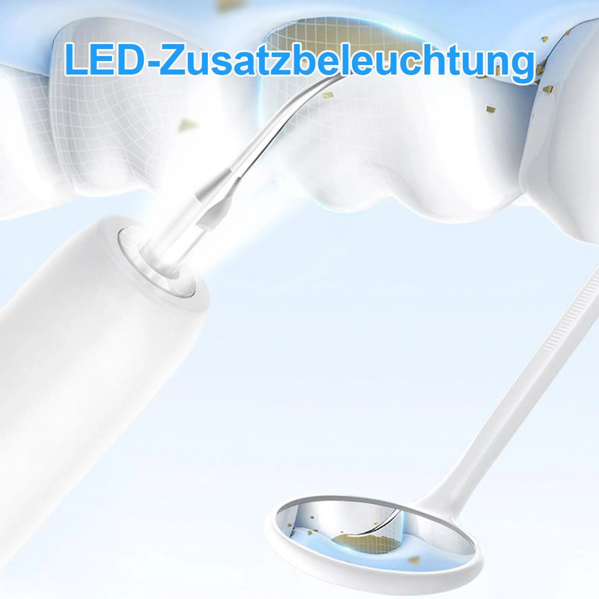Zahnreiniger mit LED-Licht und Spiegel, der Partikel entfernt.