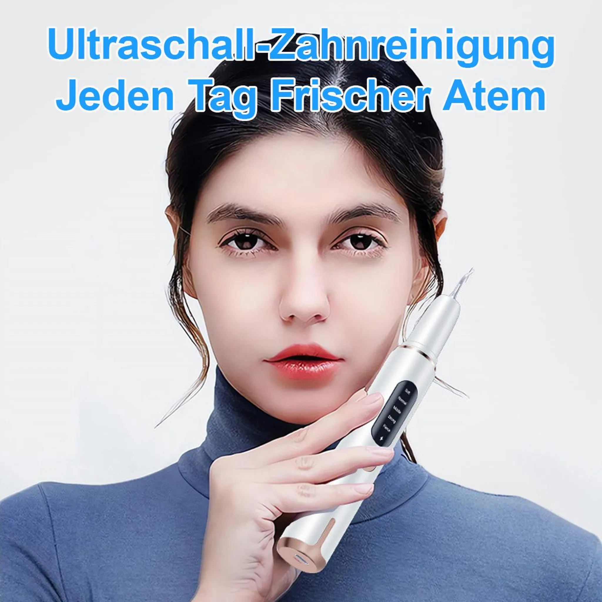 Frau hält ein weißes Zahnreinigungsgerät mit Ultraschalltechnologie.