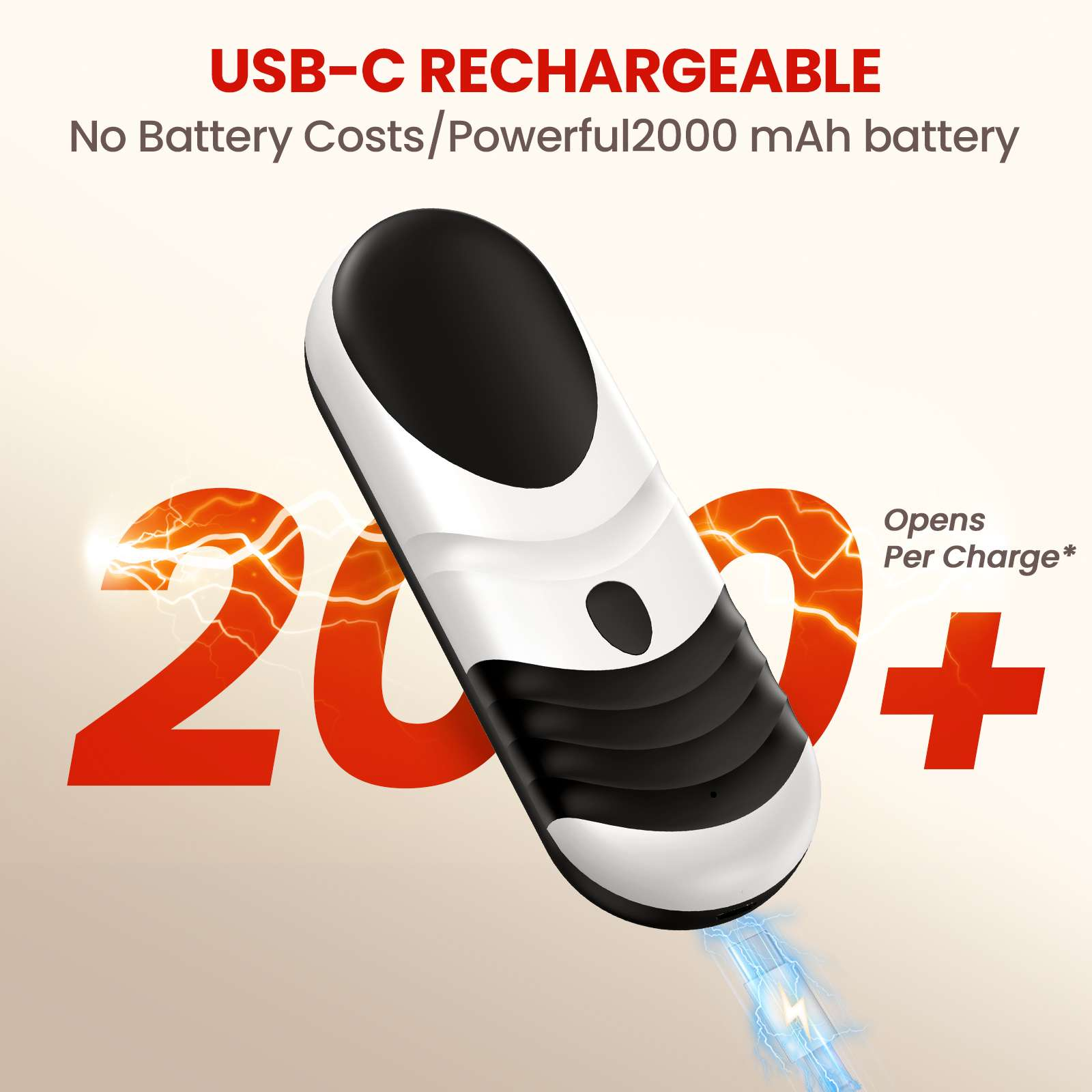 Ein weiß-schwarzes Gerät mit USB-C-Aufladung, 2000 mAh Akku.
