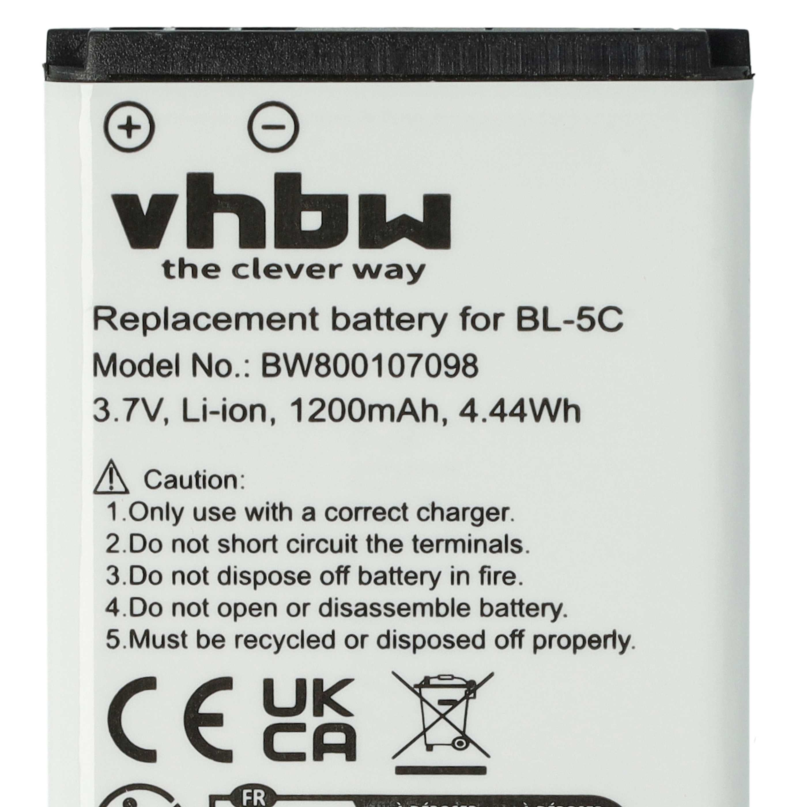 Schwarz-weißer Akku mit Beschriftung: VHBW, BL-5C, 3.7V, 1200mAh.
