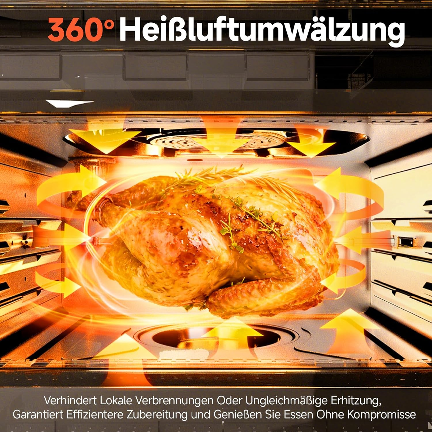 Ein goldbraunes Hähnchen wird in einem Ofen mit 360° Heißluft gebraten.