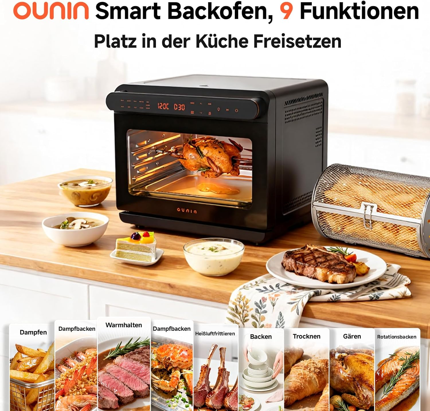 Ounin Smart Ofen zeigt zubereitete Speisen: Brathähnchen, Steak, Pommes, Garnelen, Lamm, Croissants, Lachs.