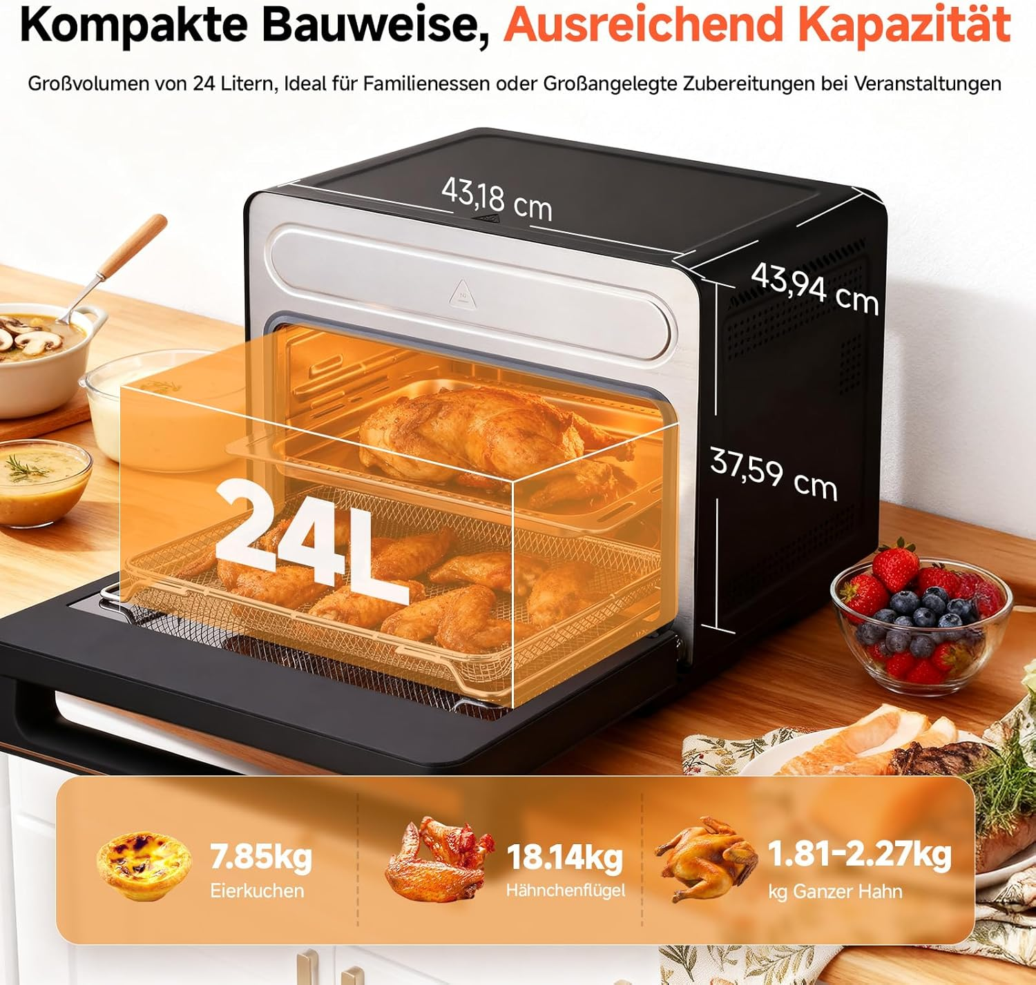 Ein kompakter 24L Heißluftfritteusenofen mit gebratenem Huhn, Flügeln und Beeren.