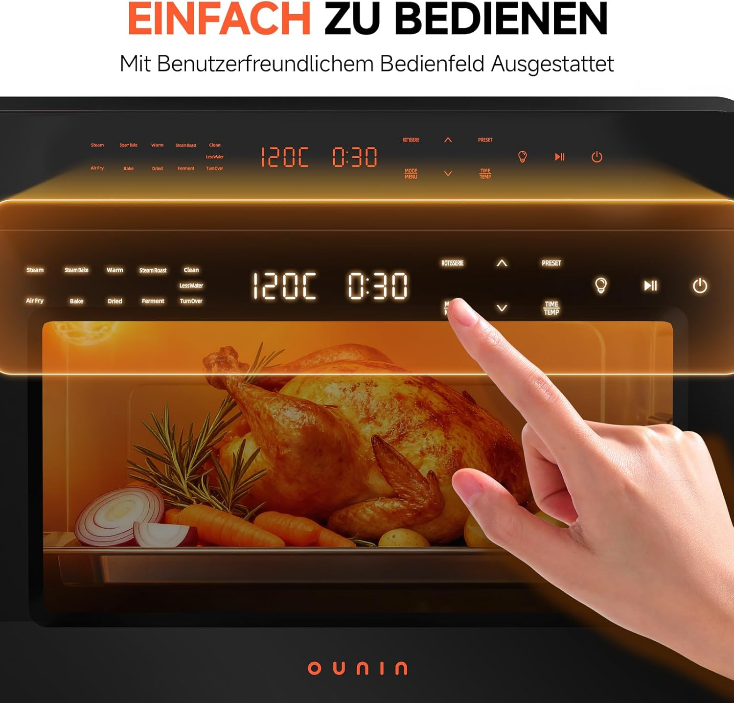 Ein Finger berührt das Bedienfeld eines Ofens mit Braten und Gemüse.