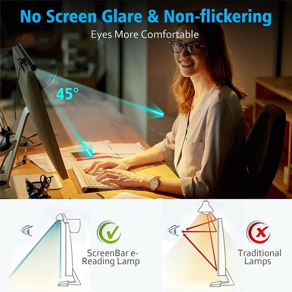 Frau arbeitet am Computer mit ScreenBar-Lampe; Vergleich von Lichtmustern.