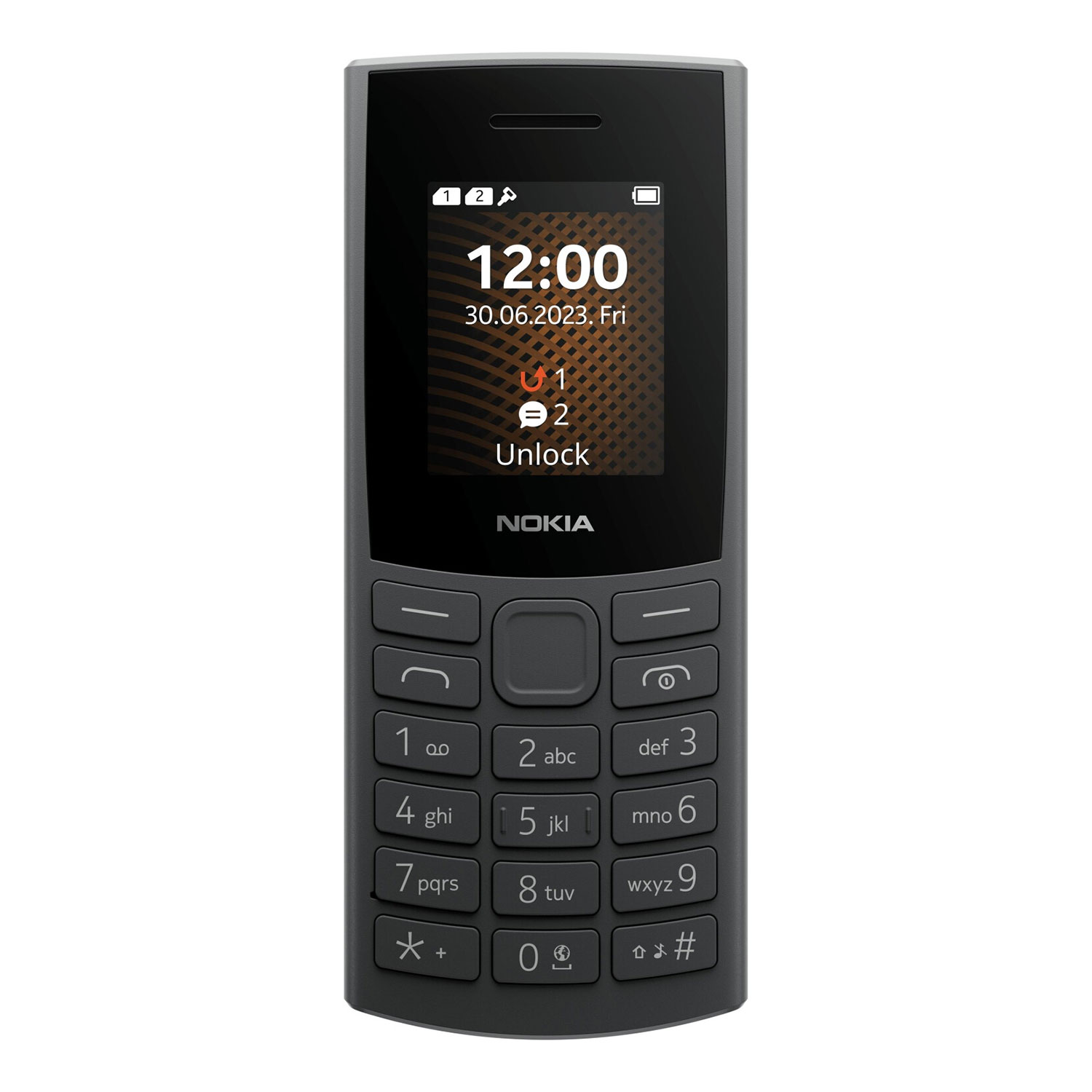 Ein graues Nokia-Handy mit Tastatur und beleuchtetem Display, das 12:00 Uhr anzeigt.