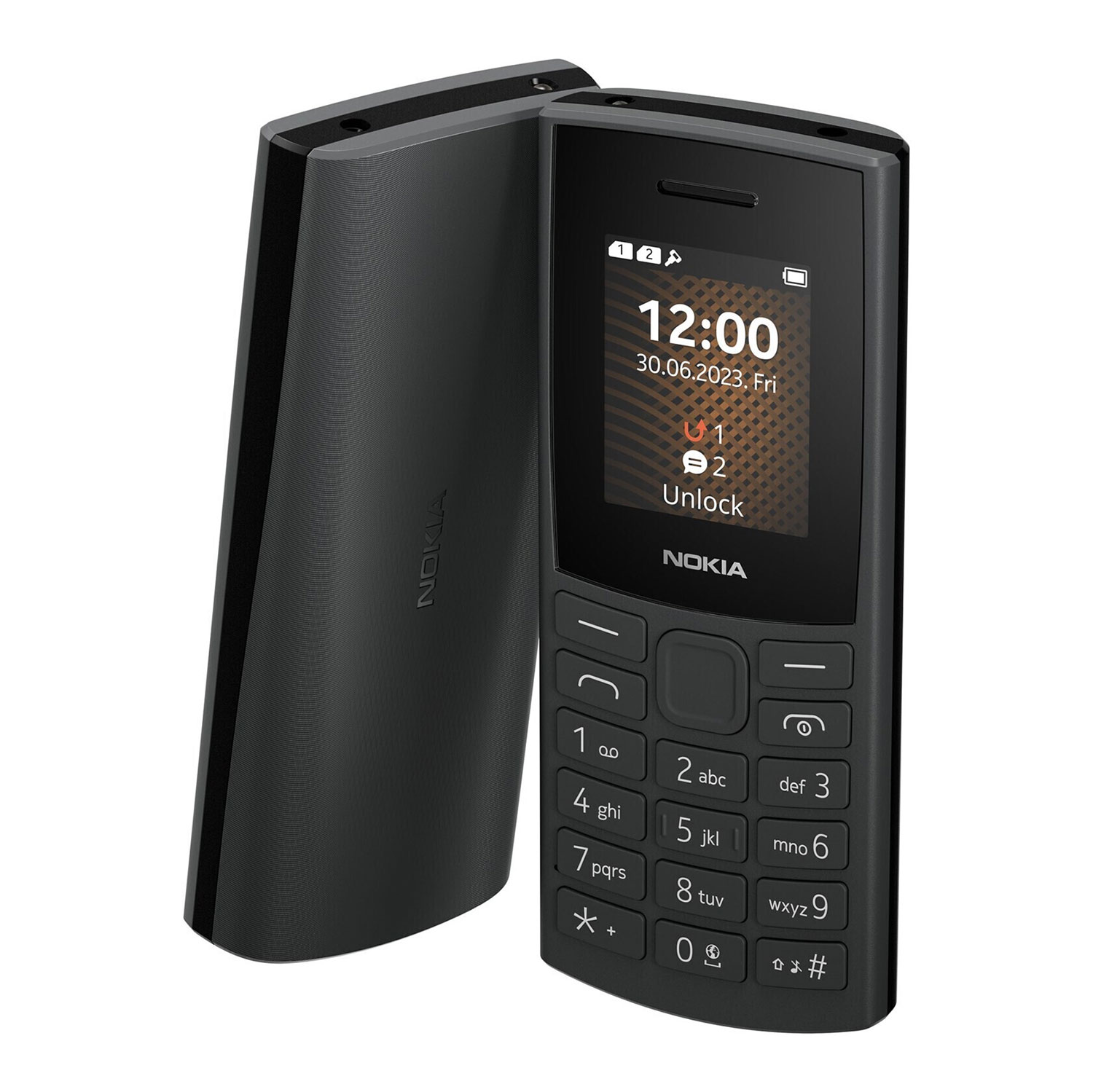 Zwei schwarze Nokia-Handys, eines mit Bildschirm, das andere daneben.