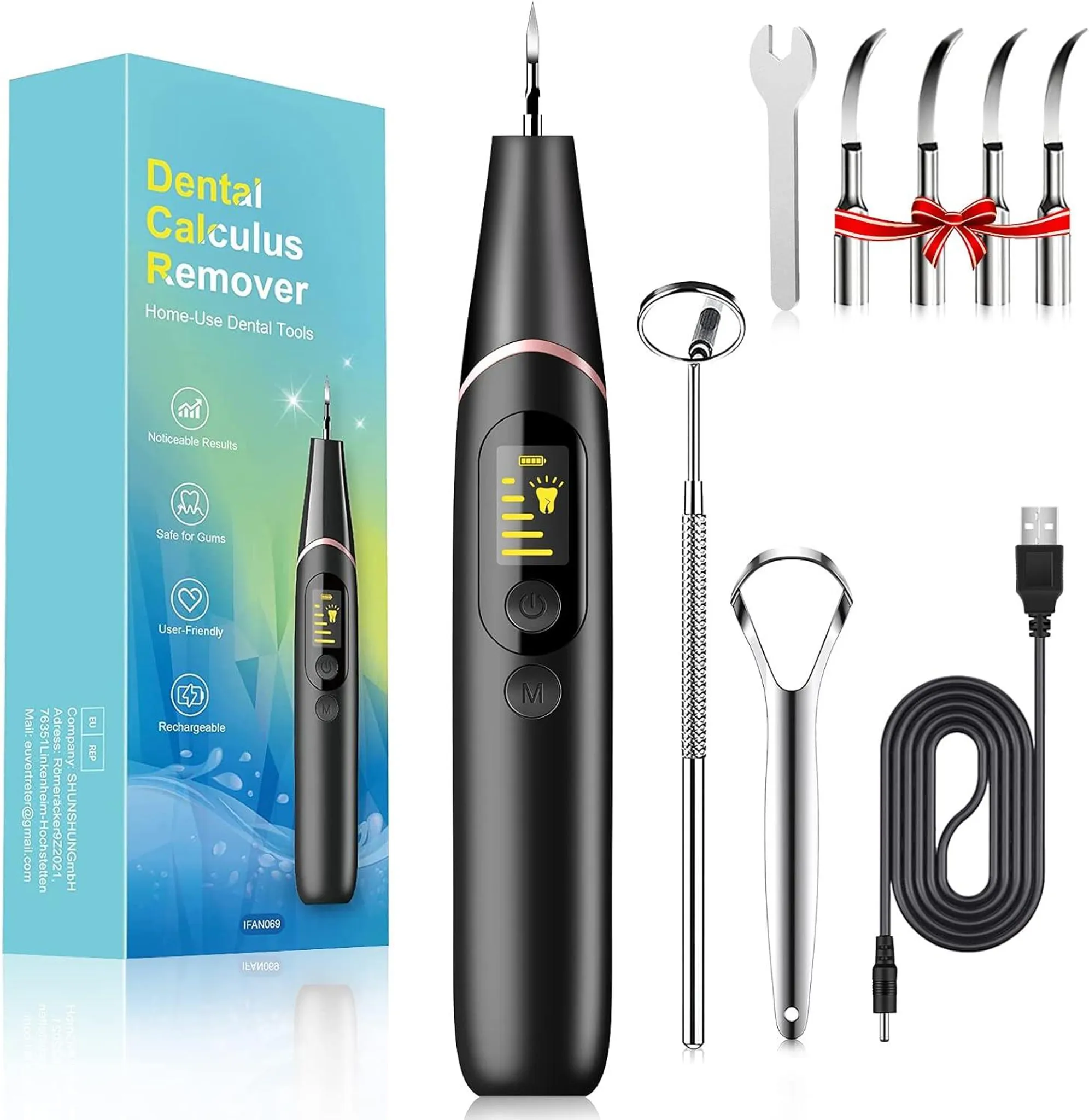 Ein Dental-Zahnsteinentferner mit Zubehör: USB-Kabel, Zunge, Spiegel und Metallspitzen.