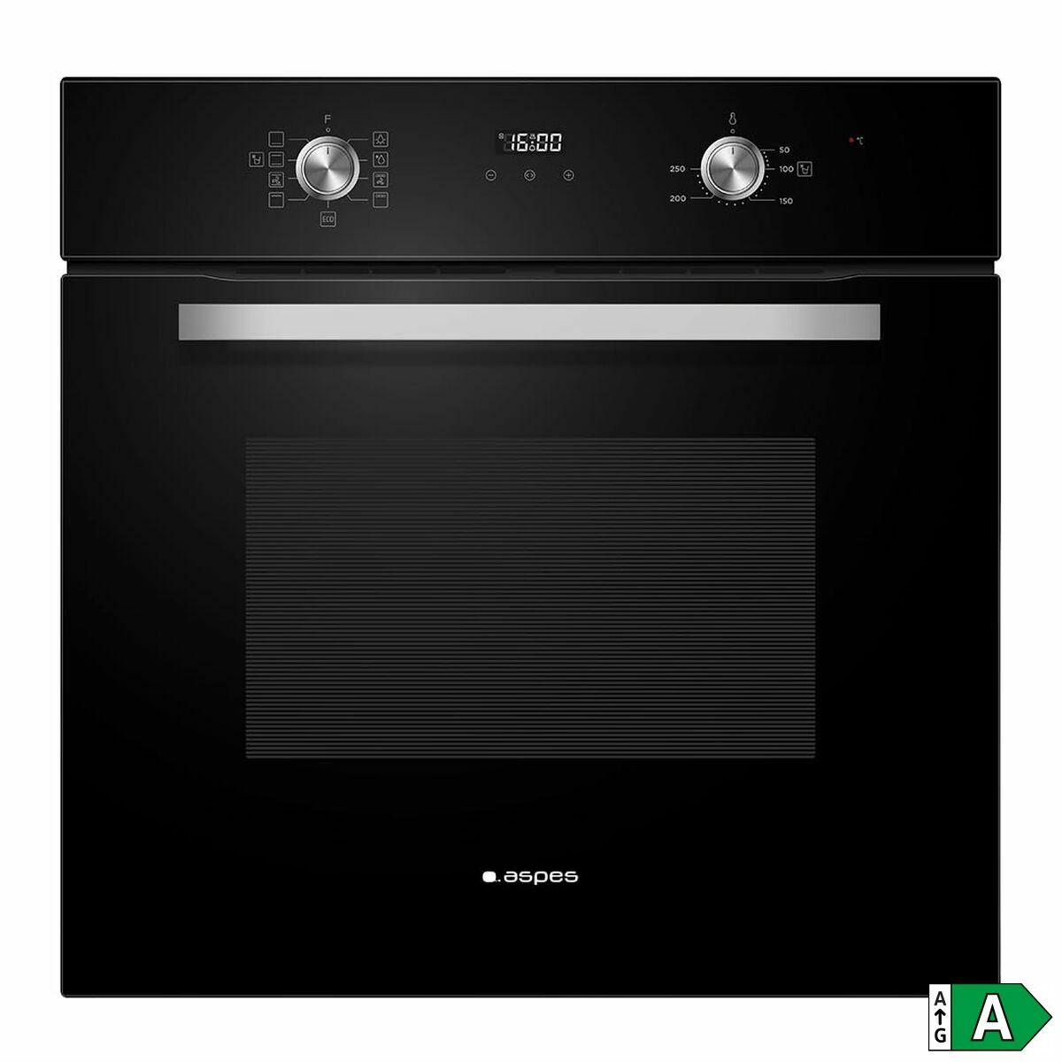 Horno Aspes negro con pantalla digital, mandos y tirador plateado. Etiqueta energética A.