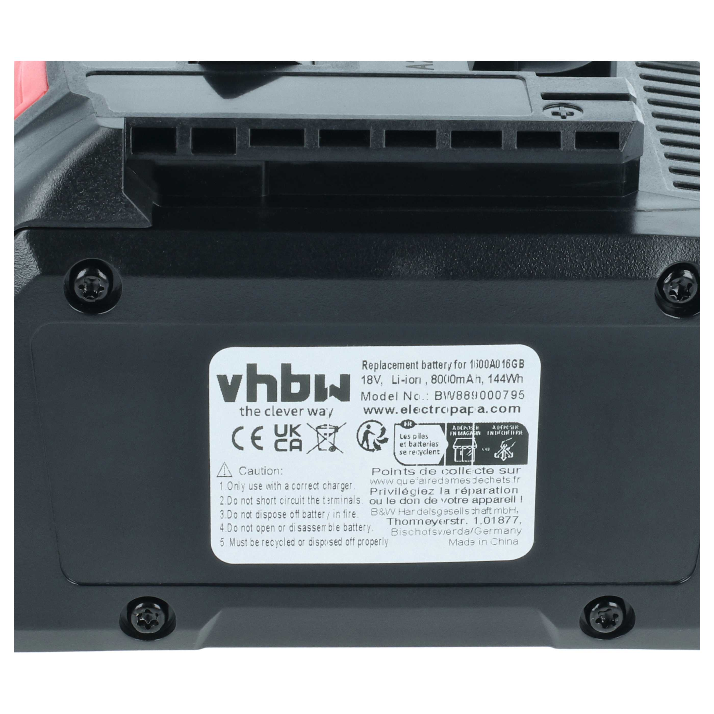 Detailaufnahme eines schwarzen Akkus mit Aufkleber: 18V, Li-Ion, 8000mAh.