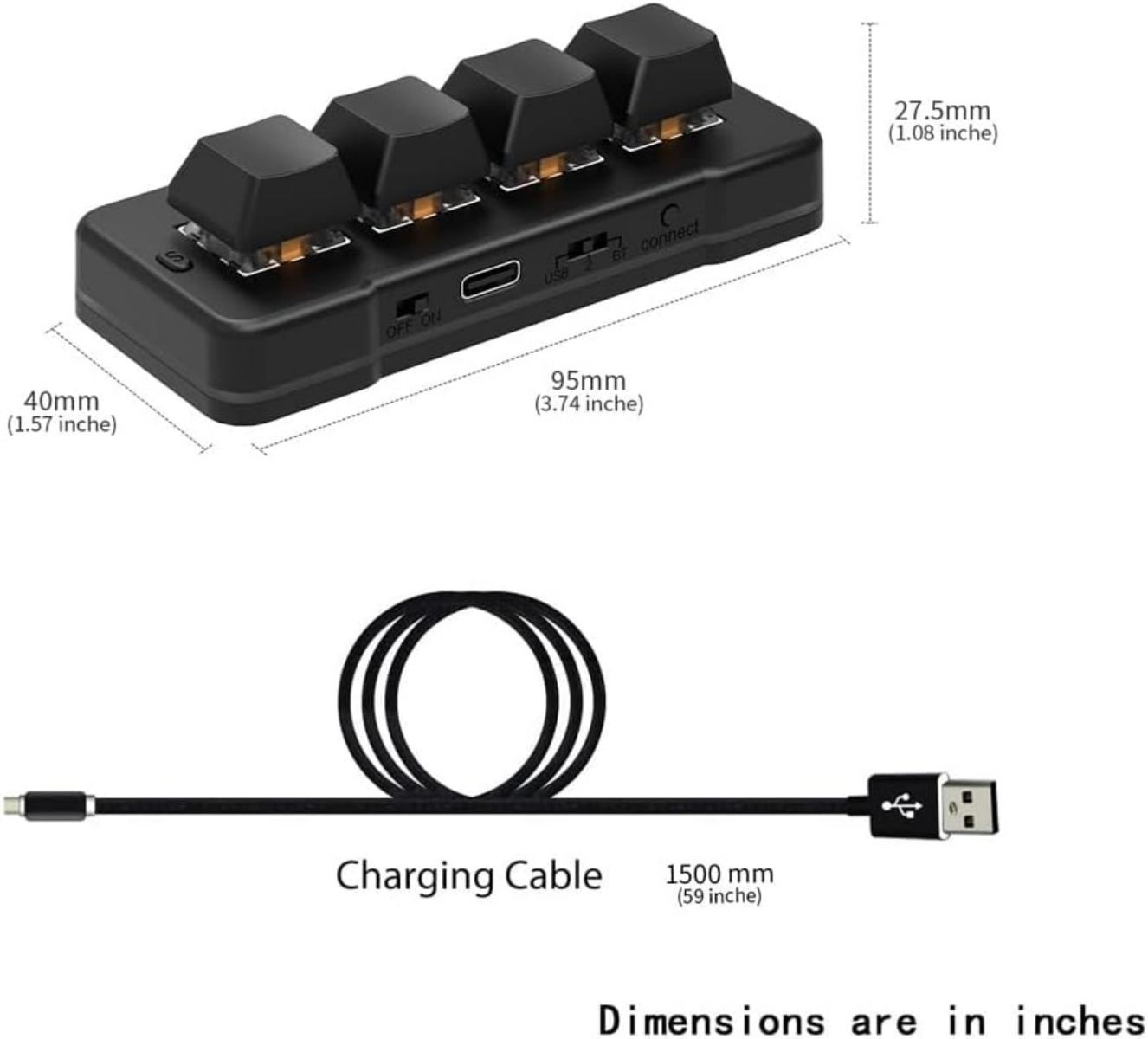 Schwarzes Gerät mit vier Tastenkappen, Ladeanschluss und USB-Kabel.